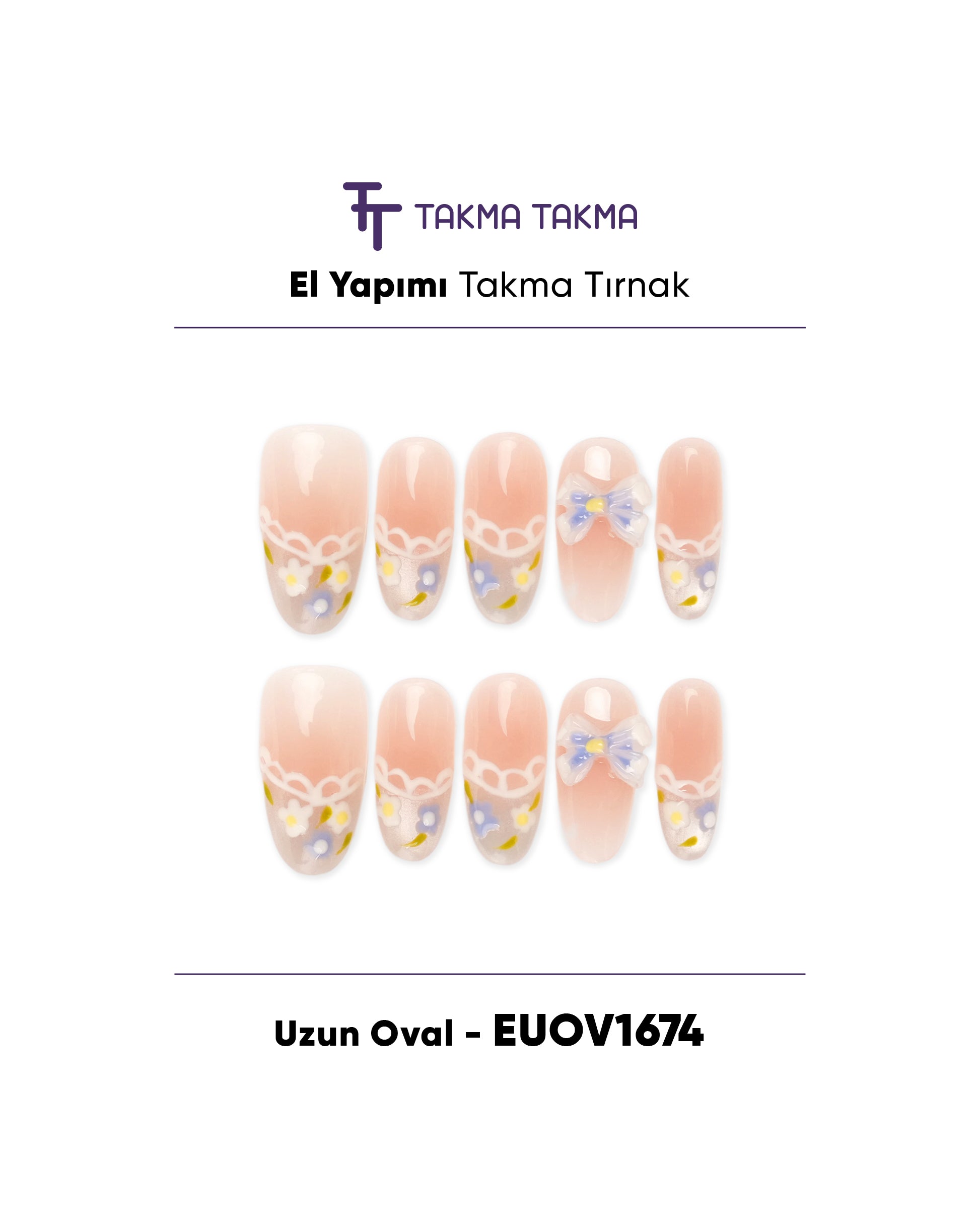 EUOV1674 Uzun Oval 10'lu Tekrar Kullanılabilir El Yapımı Protez Takma Tırnak Takma Takma