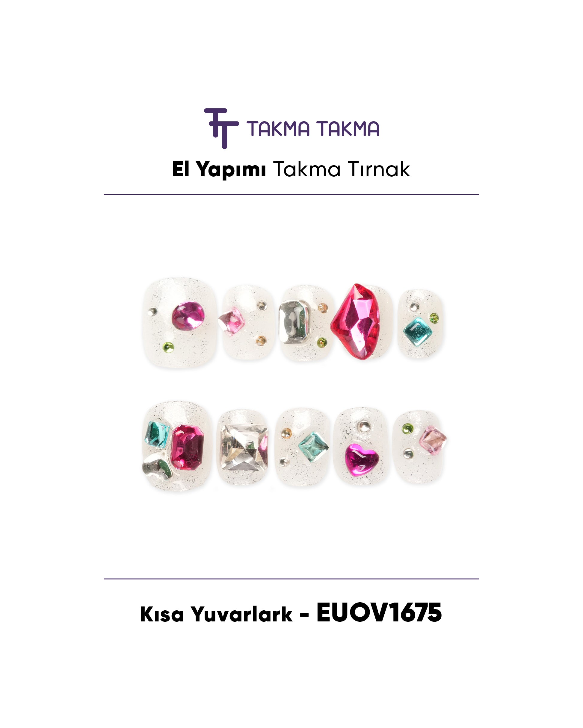 EUOV1675 Kısa Yuvarlak 10'lu Tekrar Kullanılabilir El Yapımı Protez Takma Tırnak Takma Takma