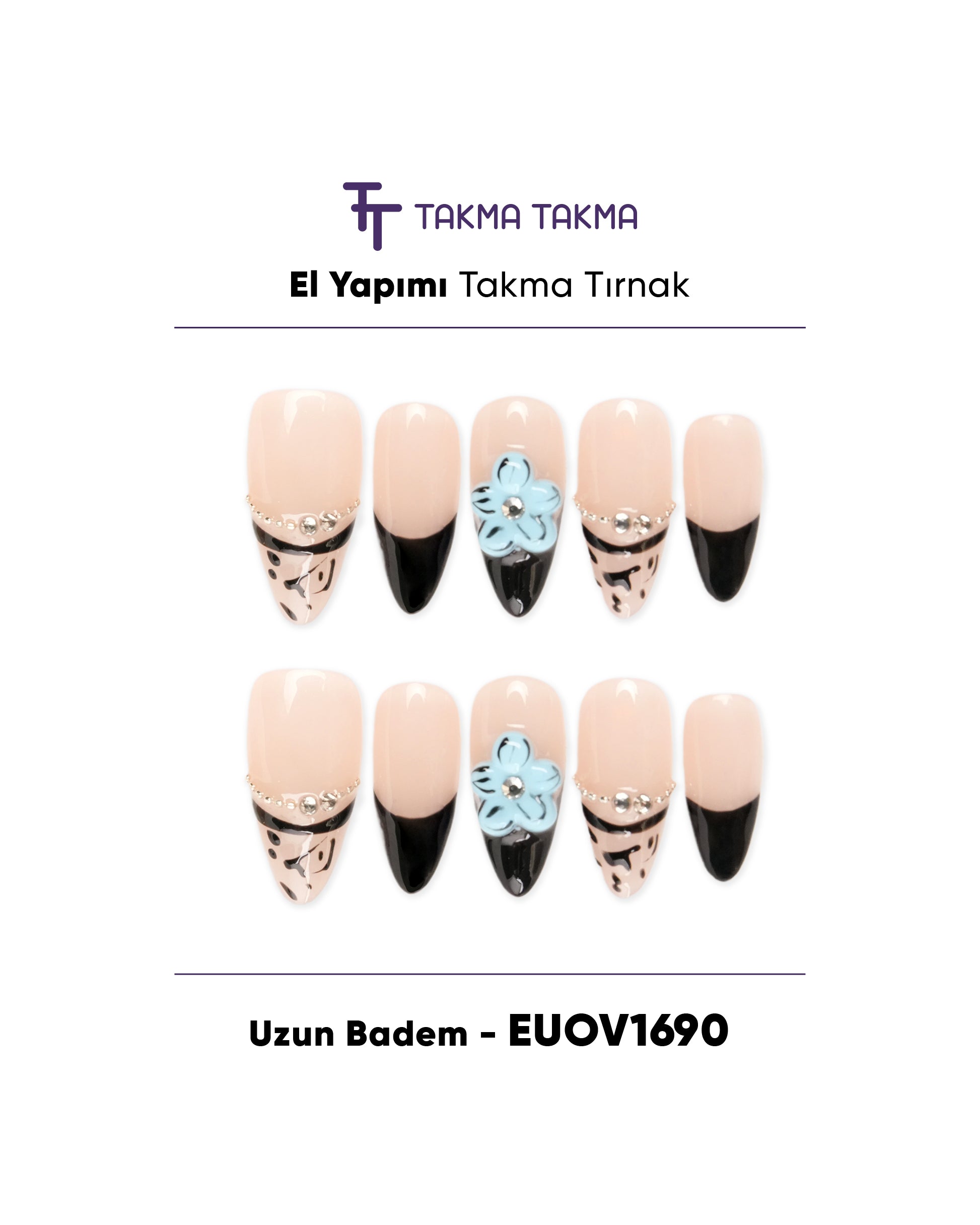 EUOV1690 Uzun Badem 10'lu Tekrar Kullanılabilir El Yapımı Protez Takma Tırnak Takma Takma