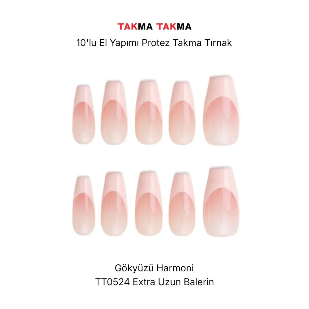 10'lu Pembe Ekstra Uzun Balerin TT0524 Tekrar Kullanılabilir El Yapımı Protez Takma Tırnak Takma Takma