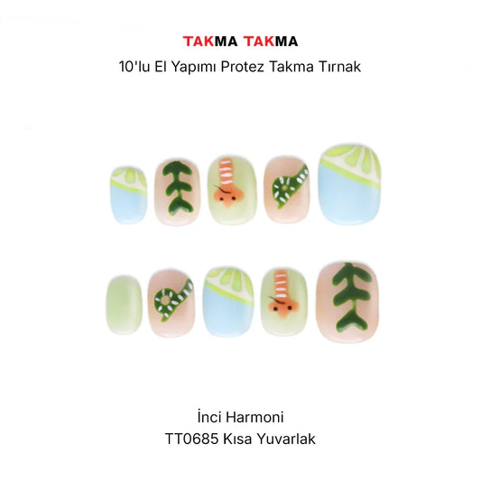 TT0685 - İnciHarmoni - 10'lu Tekrar Kullanılabilir El Yapımı Protez Takma Tırnak