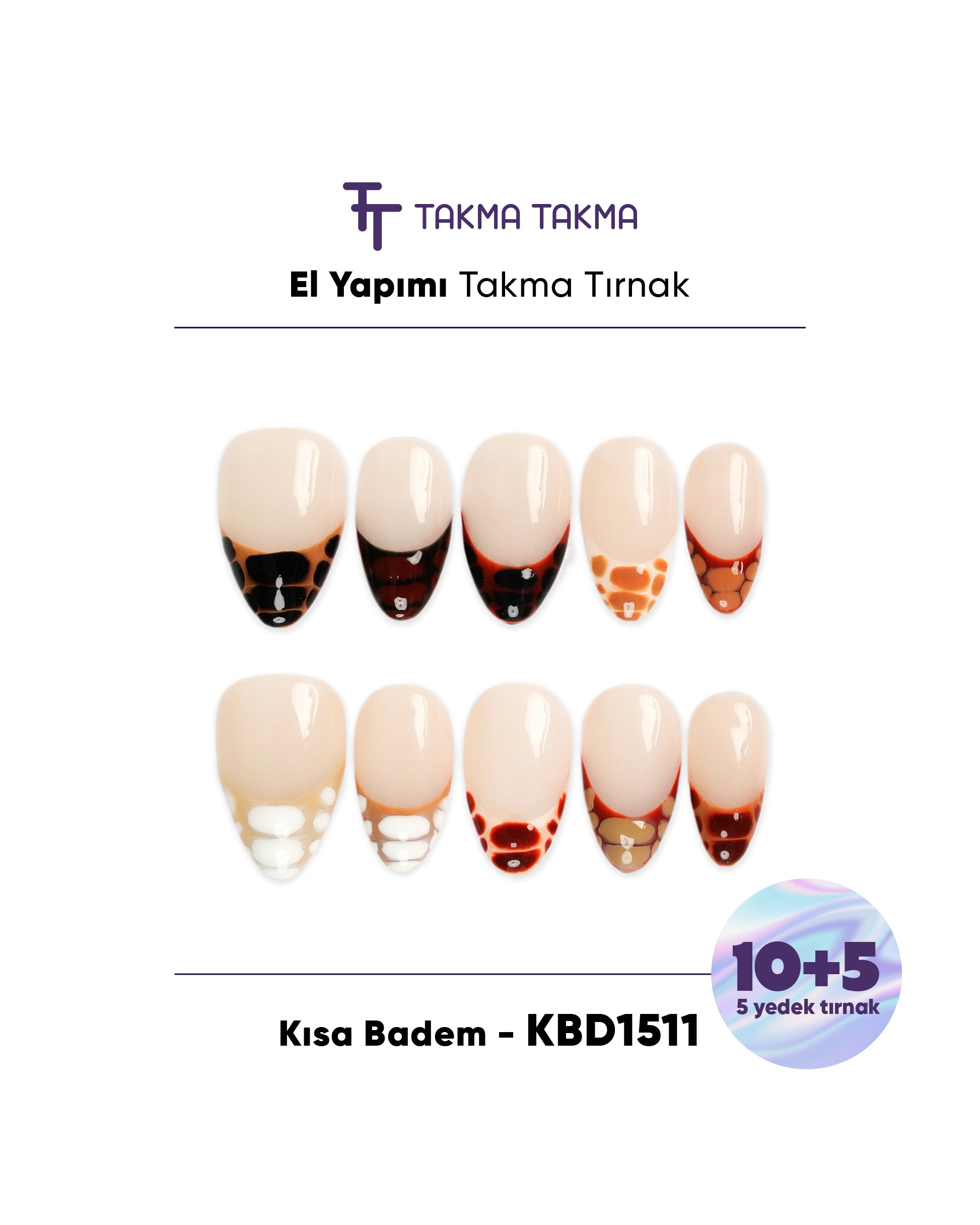 15'li Ten Rengi Kısa Badem KBD1511 Tekrar Kullanılabilir El Yapımı Protez Takma Tırnak Takma Takma