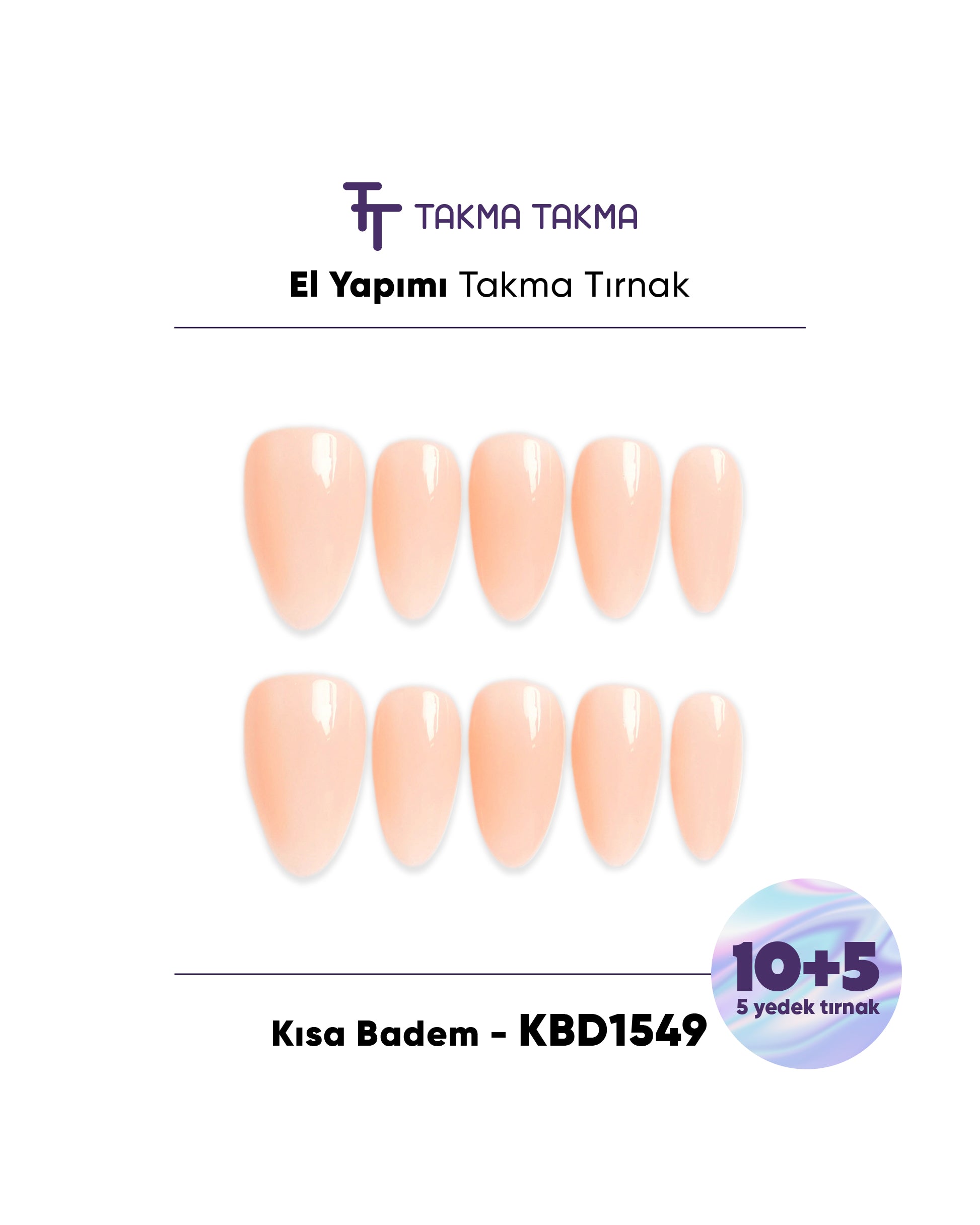 15'li Ten Rengi Kısa Badem KBD1549 Tekrar Kullanılabilir El Yapımı Protez Takma Tırnak Takma Takma