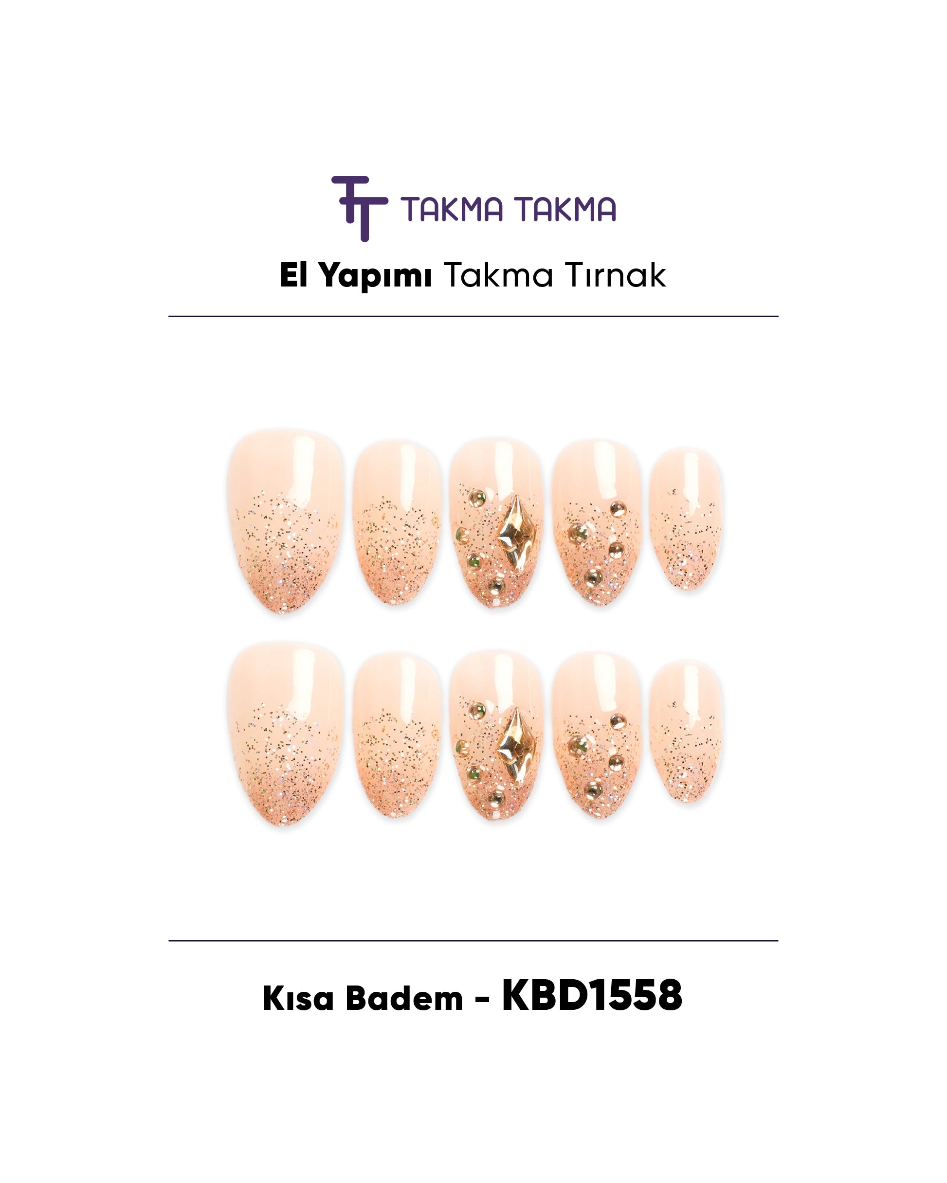 10'lu Ten Kısa Badem KBD1558 Tekrar Kullanılabilir El Yapımı Protez Takma Tırnak Takma Takma