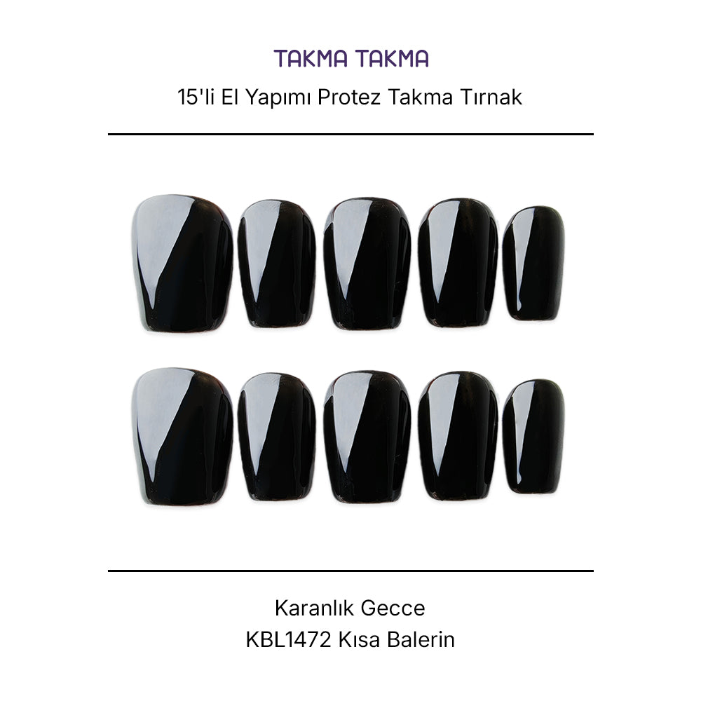 15'li Siyah Kısa Balerin KBL1472 Tekrar Kullanılabilir El Yapımı Protez Takma Tırnak Takma Takma