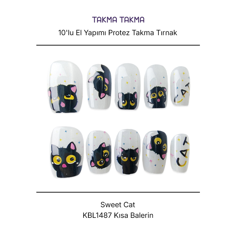 Tekrar Kullanılabilir El Yapımı Protez Takma Tırnak KBL1487 - Sweet Cat - 10'lu