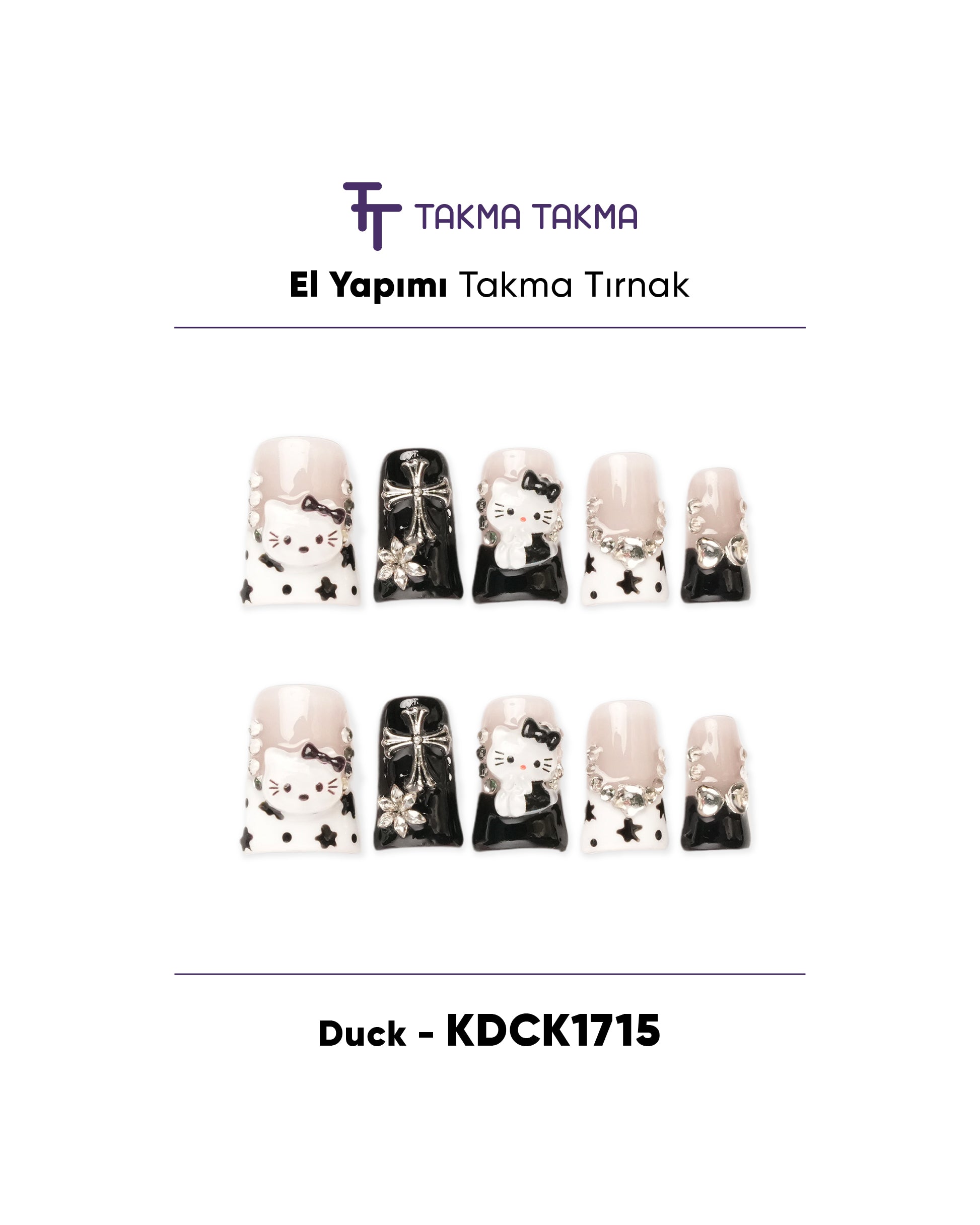 KDCK1715 Duck Renkli 10'lu Tekrar Kullanılabilir El Yapımı Protez Takma Tırnak Takma Takma