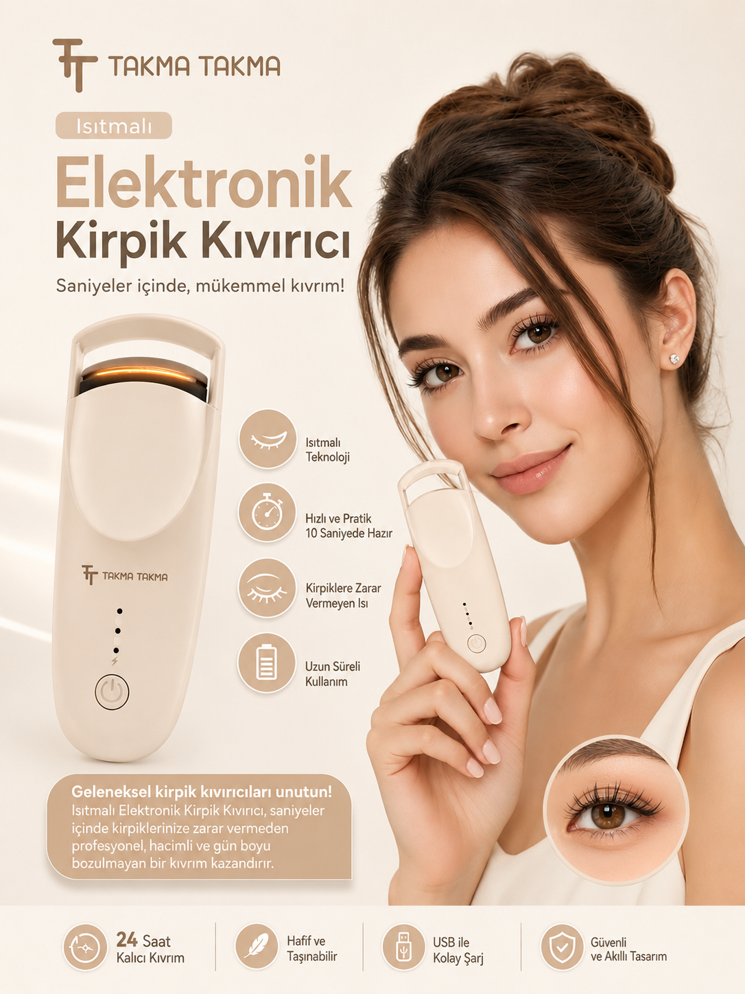 Kirpik Kıvırıcı Kirpik Şekillendirici Elektronik Isıtmalı Şarjlı – 2 Isıtma Modlu, 5 Saniyede Hızlı Isınma, Uzun Süre Kalıcı Etki, Şarj Edilebilir Bej EKCB