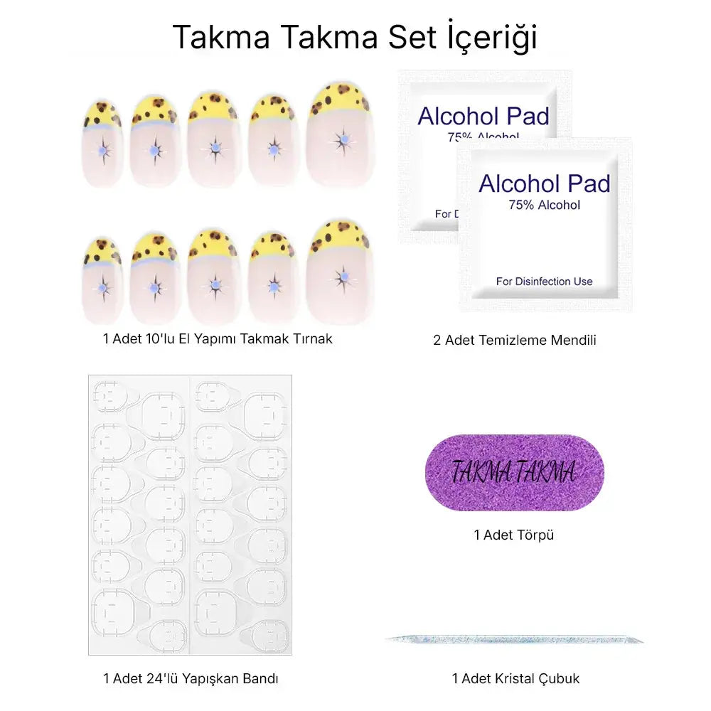 10'lu Sarı Kısa Oval TT0630 Tekrar Kullanılabilir El Yapımı Protez Takma Tırnak Takma Takma