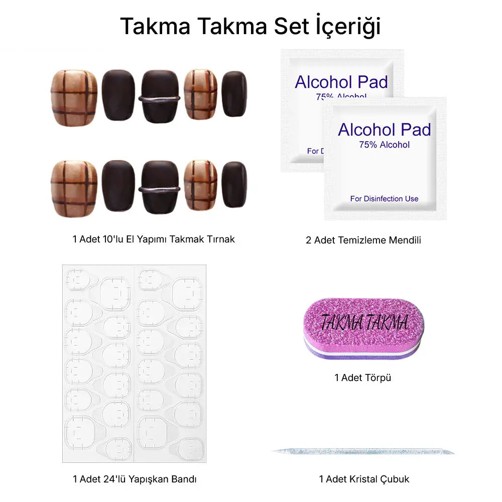10'lu Kahverengi Kısa Yuvarlak TT1034 Tekrar Kullanılabilir El Yapımı Protez Takma Tırnak Takma Takma