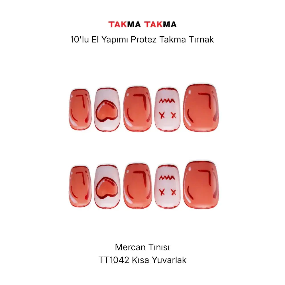 10'lu Pembe Kısa Yuvarlak TT1042 Tekrar Kullanılabilir El Yapımı Protez Takma Tırnak Takma Takma