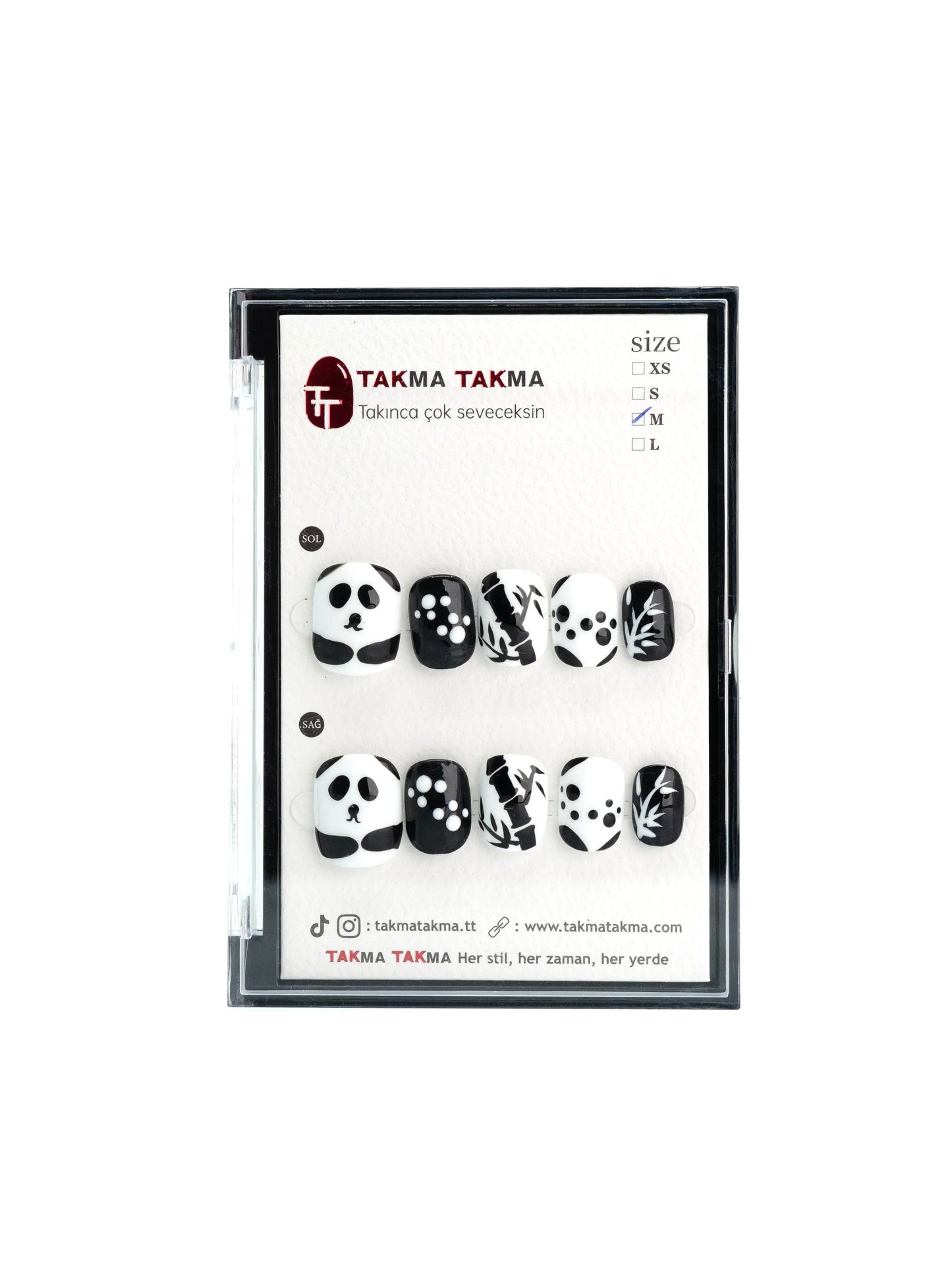 Kısa Yuvarlak Panda Tutkusu - 10'lu Tekrar Kullanılabilir El Yapımı Protez Takma Tırnak - TT1051