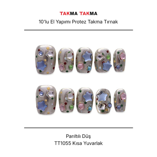 10'lu Gri Kısa Yuvarlak TT1055 Tekrar Kullanılabilir El Yapımı Protez Takma Tırnak