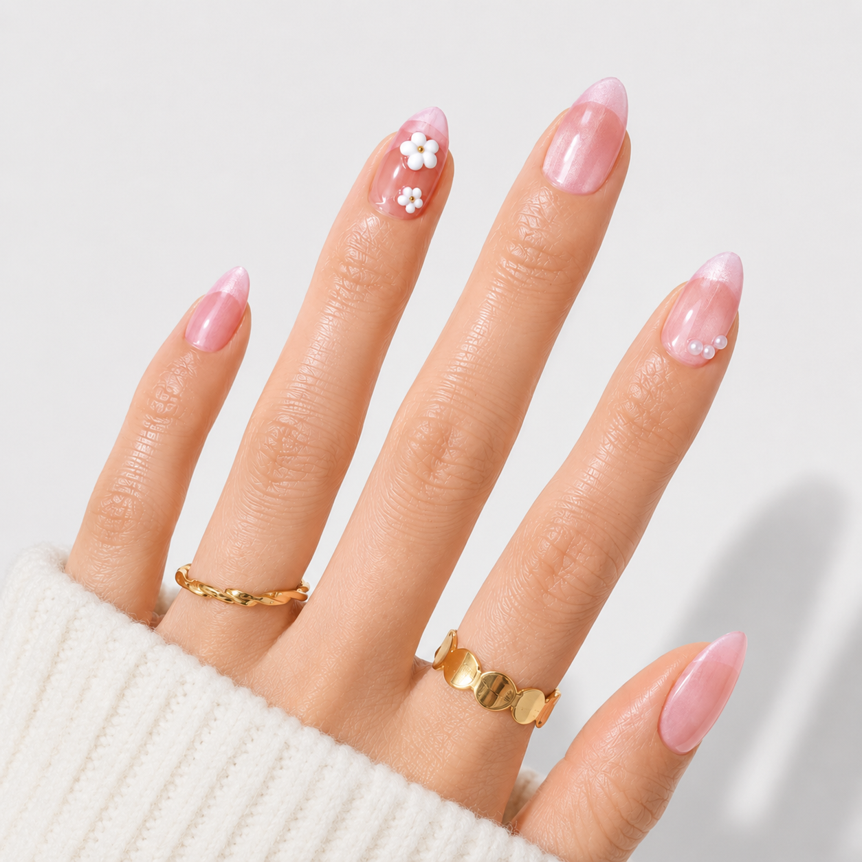 Pembe Nail Art Kısa Badem El Yapımı Jel Takma Tırnak KKBD-3506