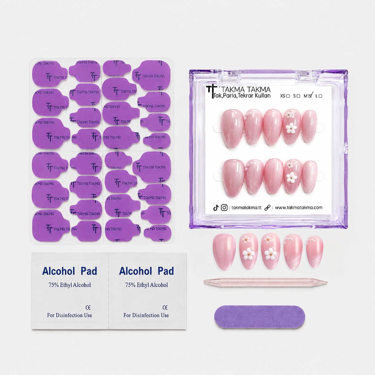 Pembe Nail Art Kısa Badem El Yapımı Jel Takma Tırnak KKBD-3506
