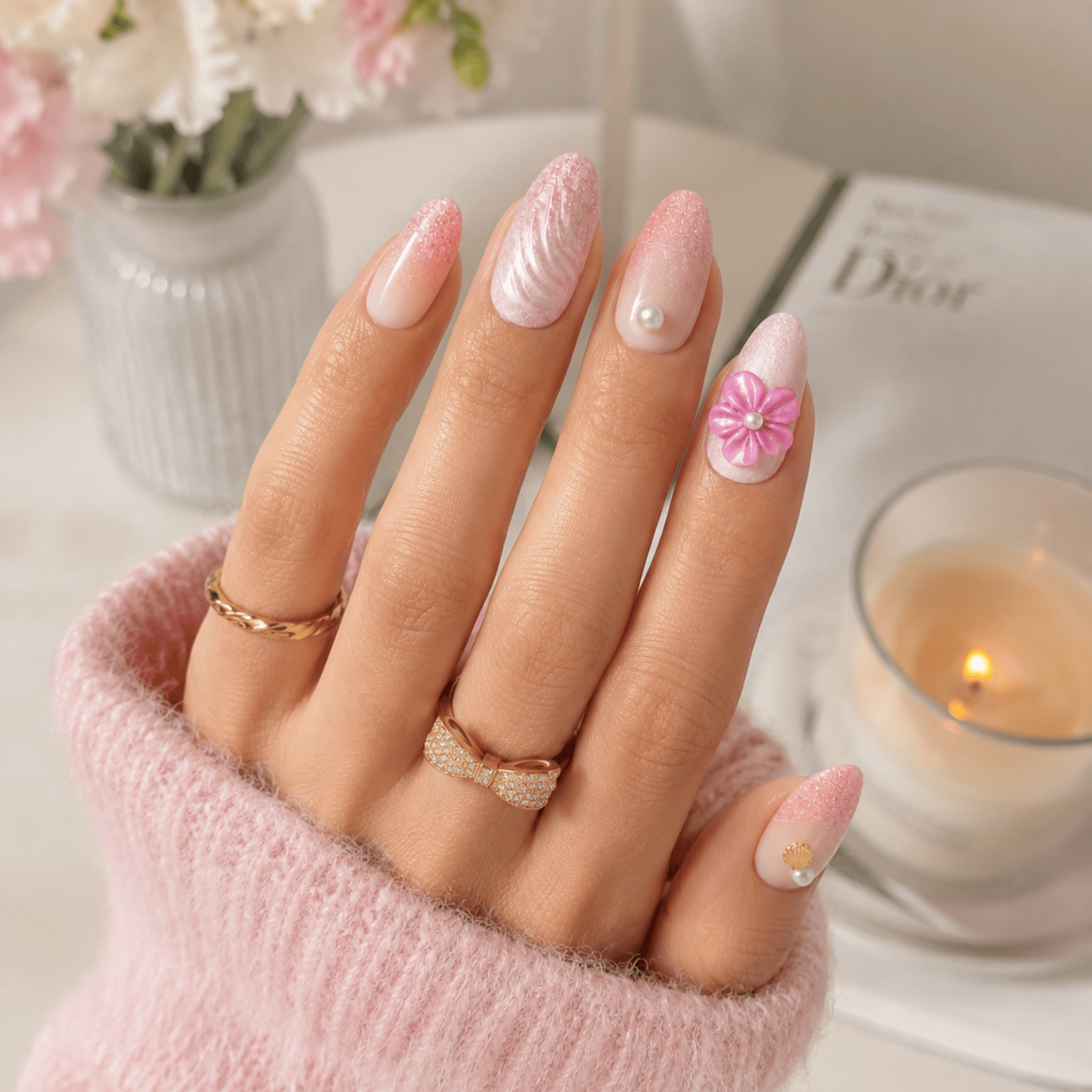Renkli Nail Art Kısa Badem El Yapımı Jel Takma Tırnak KKBD-
