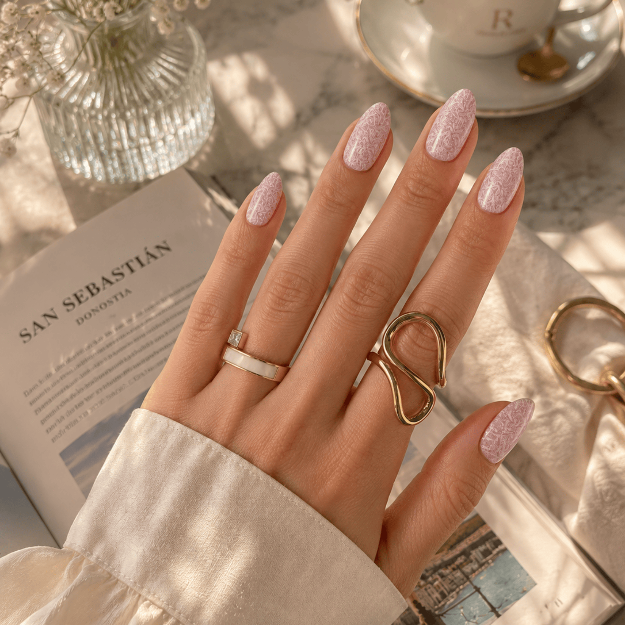 Pembe Nail Art Kısa Badem El Yapımı Jel Takma Tırnak KKBD-3509