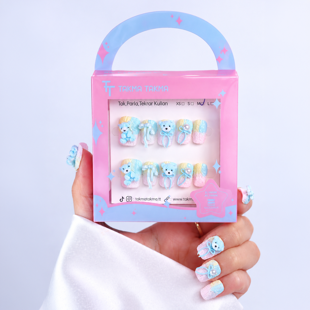 Renkli Nail Art Kısa Badem 10'lu Tekrar Kullanılabilir El Yapımı Protez Takma Tırnak KKBD-3543