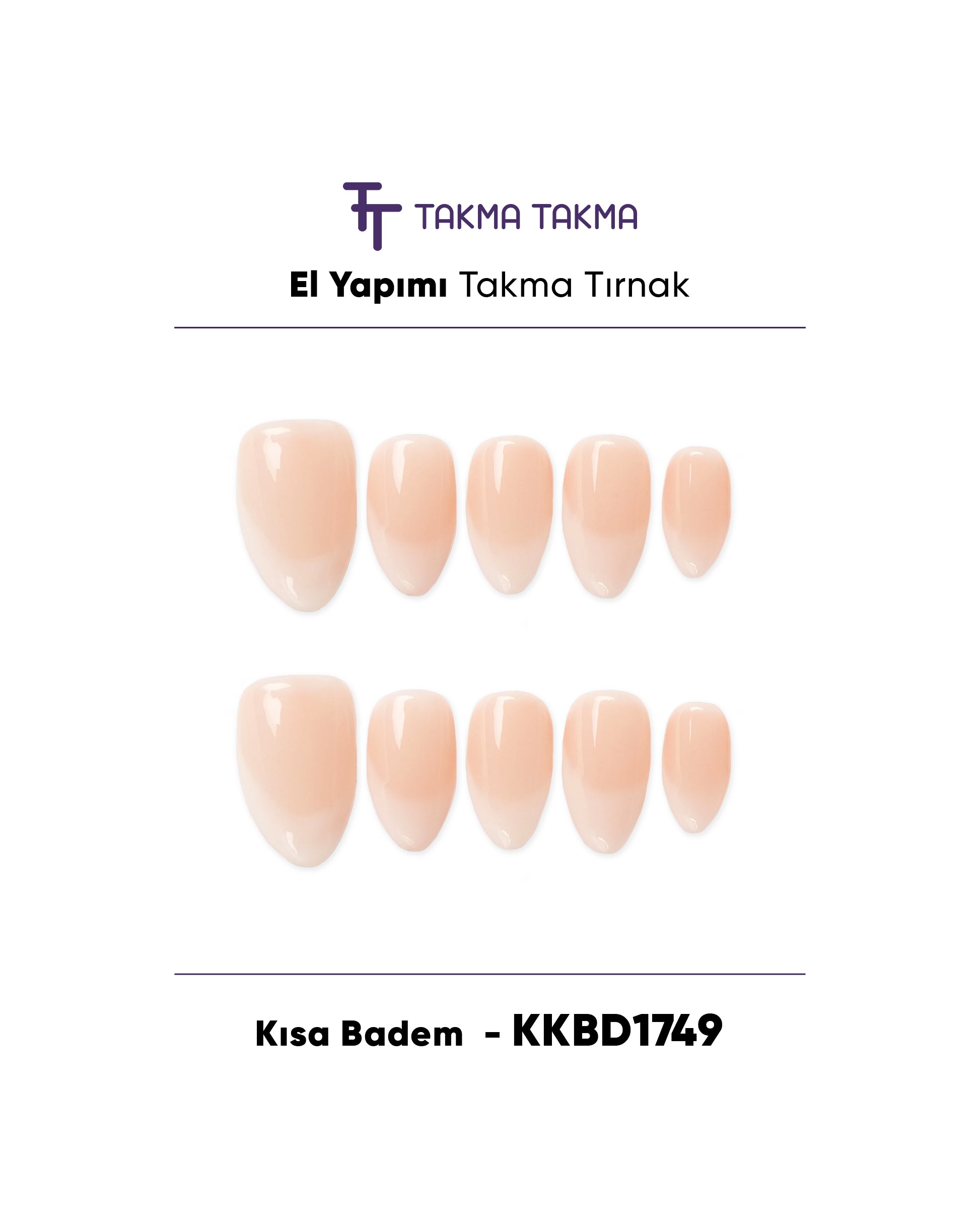 10'lu Kısa Badem KKBD1749 Tekrar Kullanılabilir El Yapımı Protez Takma Tırnak