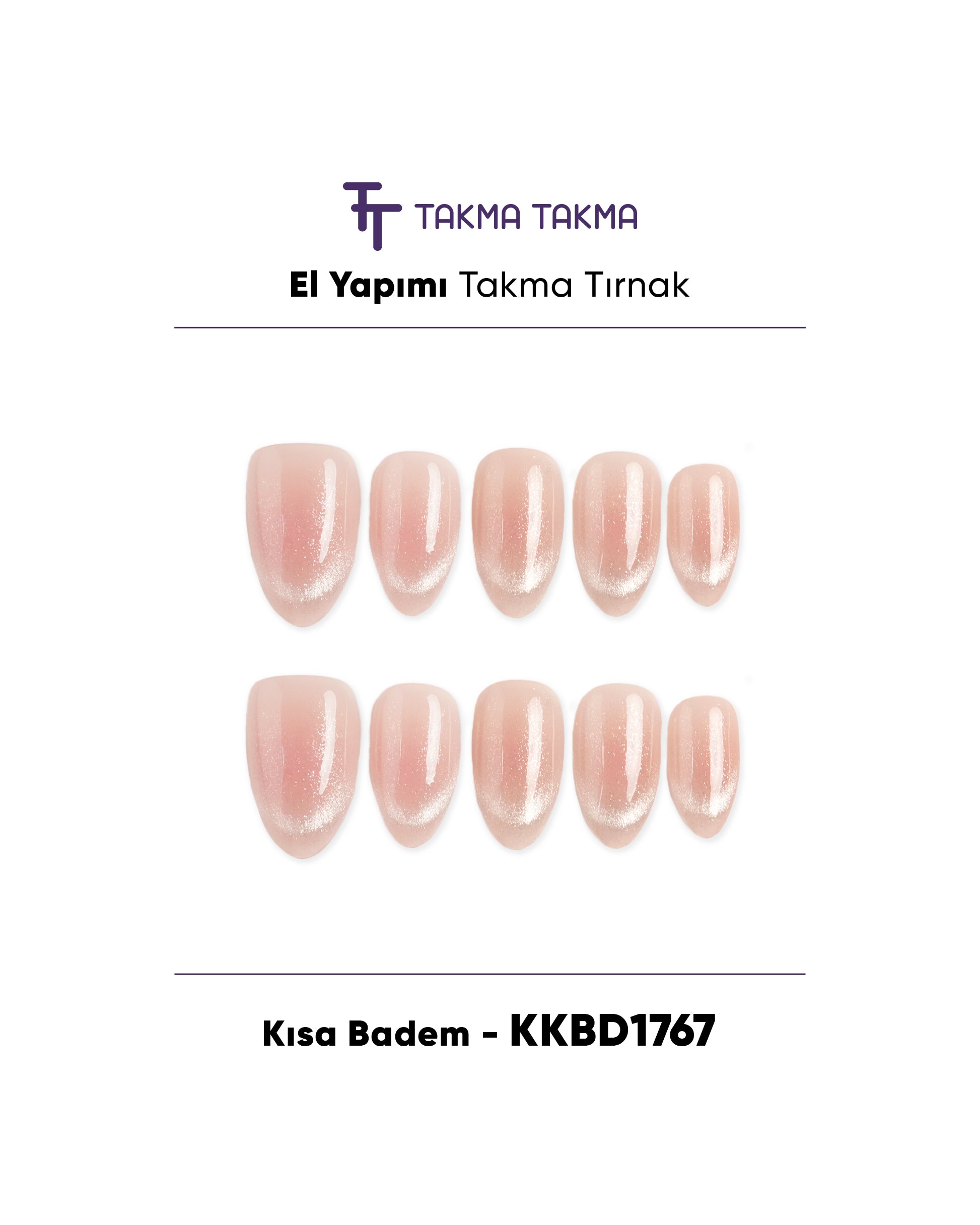 KKBD1768 Kısa Badem 10'lu Tekrar Kullanılabilir El Yapımı Protez Takma Tırnak