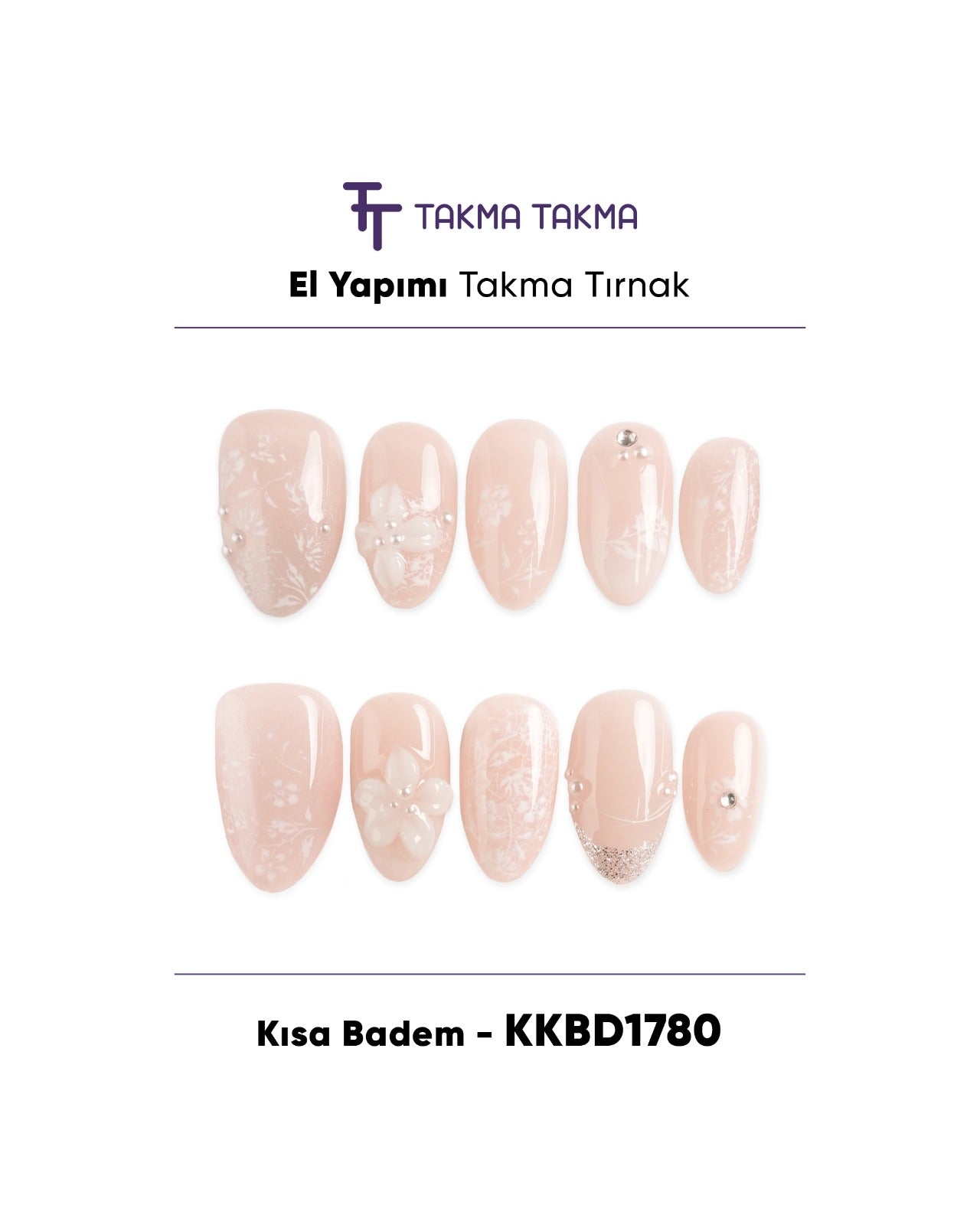 10'lu Krem KKBD1780 Kısa Badem Tekrar Kullanılabilir El Yapımı Protez Takma Tırnak