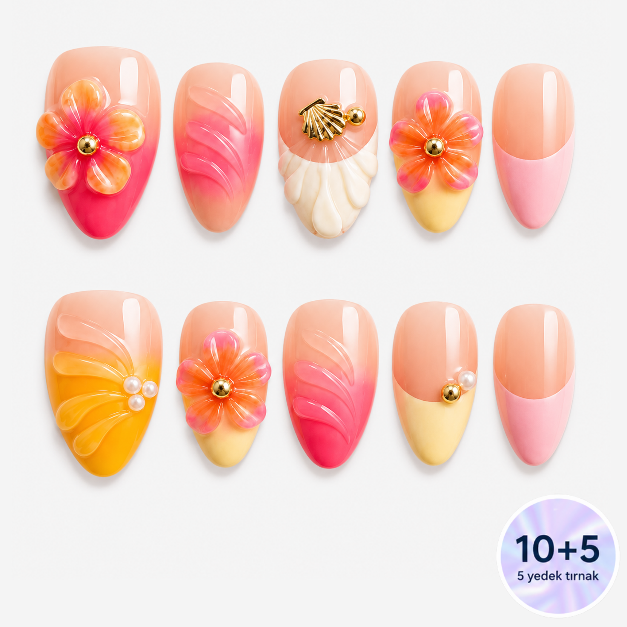 Renkli Nail Art Kısa Badem El Yapımı Jel Takma Tırnak KKBD1783