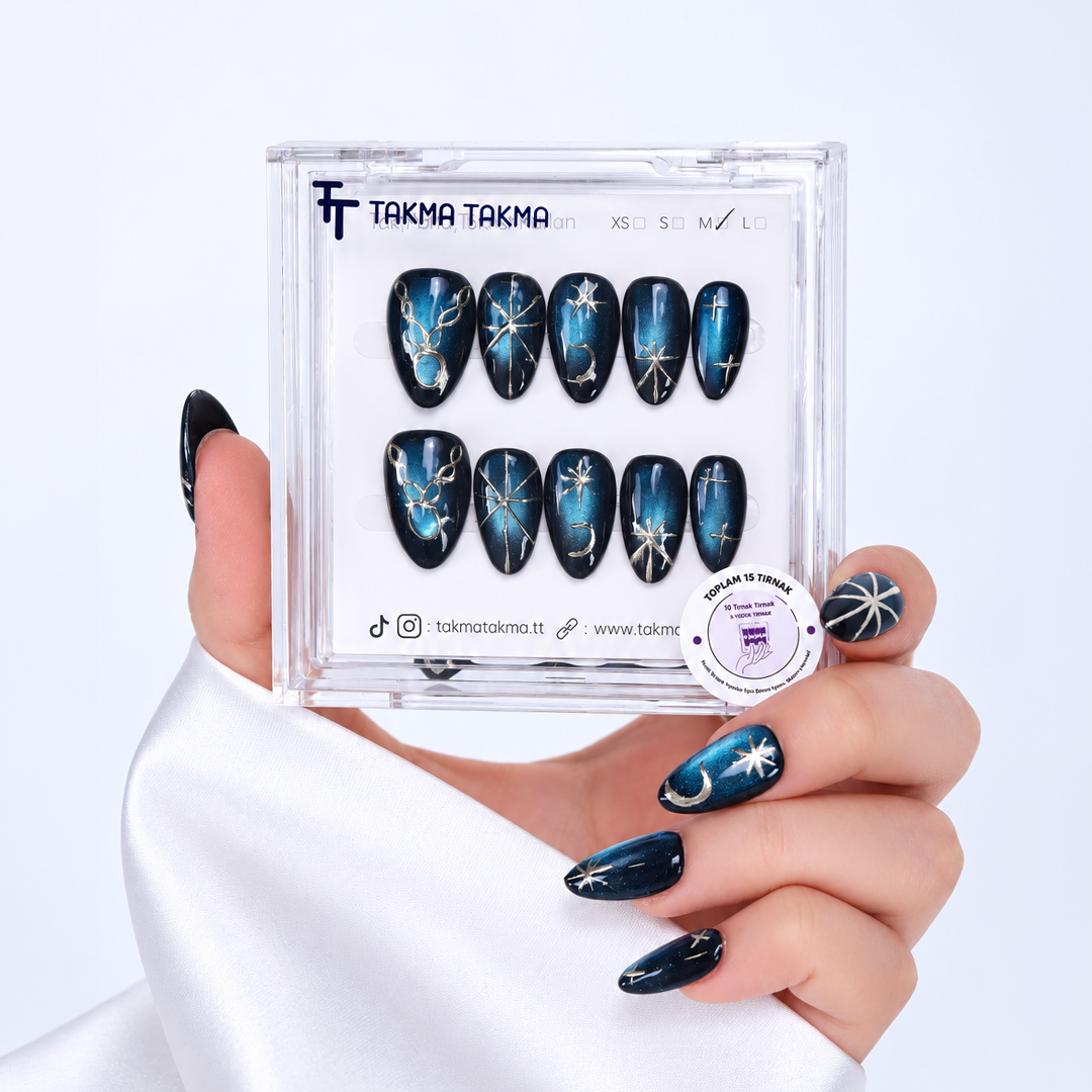 Petrol Mavisi Yıldız Işıltısı Nail Art Kısa Badem 15'li Tekrar Kullanılabilir El Yapımı Protez Tırnak KKBD3583 – görsel 2