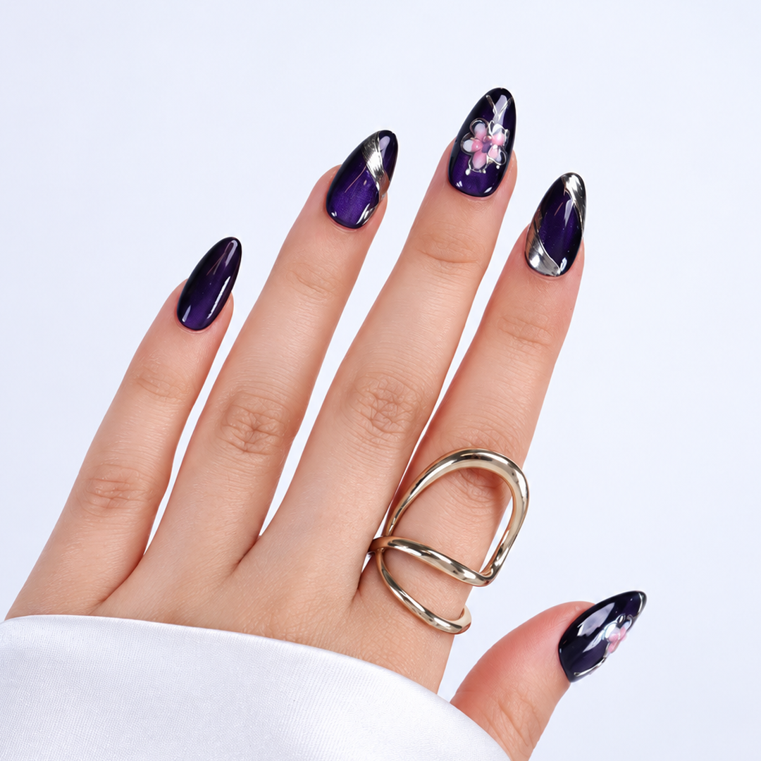 Gece Moru Kristal Çiçek Nail Art Kısa Badem 15'li Tekrar Kullanılabilir El Yapımı Protez Tırnak KKBD3584