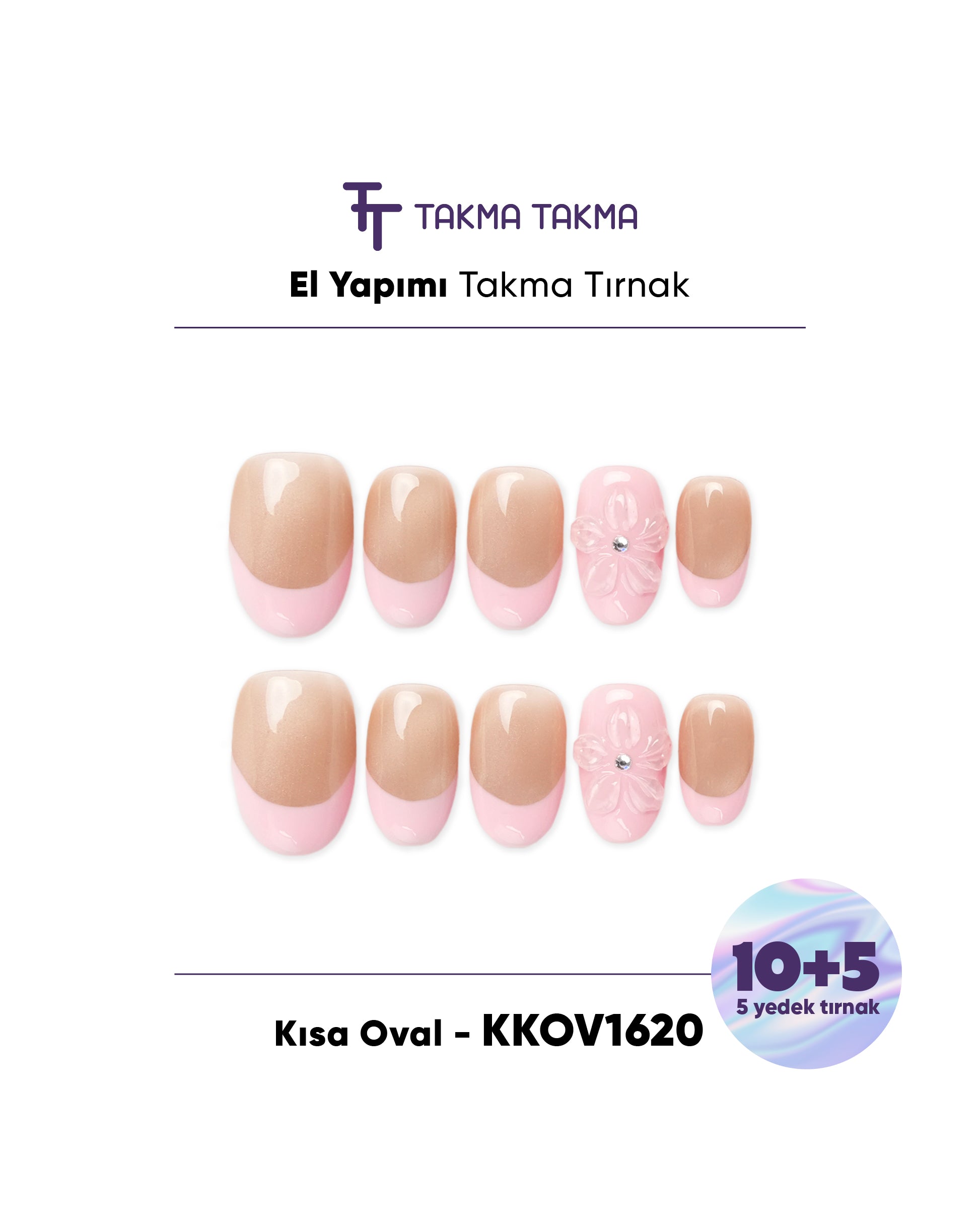 KKOV1620 Kısa Oval 15'li Tekrar Kullanılabilir El Yapımı Protez Takma Tırnak Takma Takma