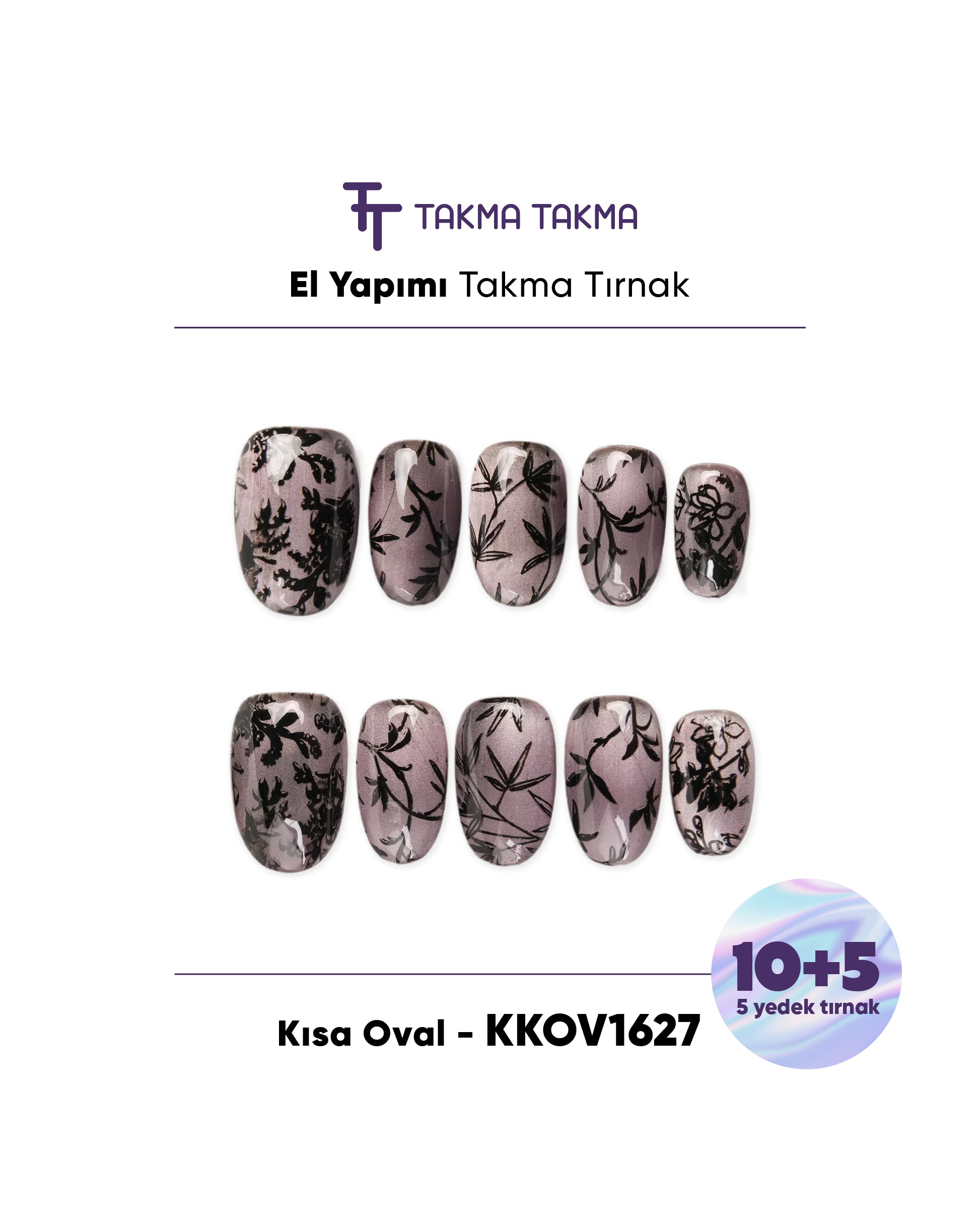 KKOV1627 Siyah Kısa Oval 15'li Tekrar Kullanılabilir El Yapımı Protez Takma Tırnak