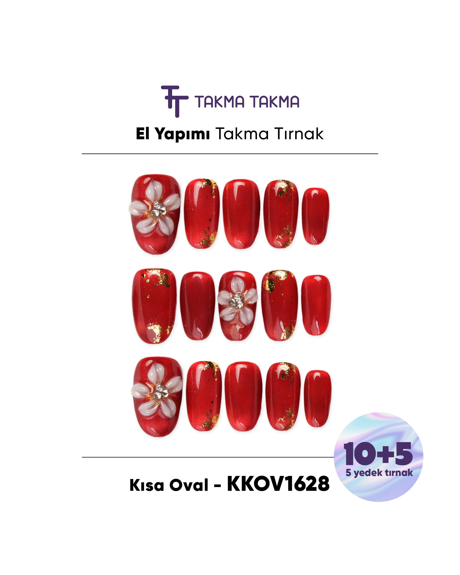 KKOV1628 Kırmızı Kısa Oval 15'li Tekrar Kullanılabilir El Yapımı Protez Takma Tırnak Takma Takma