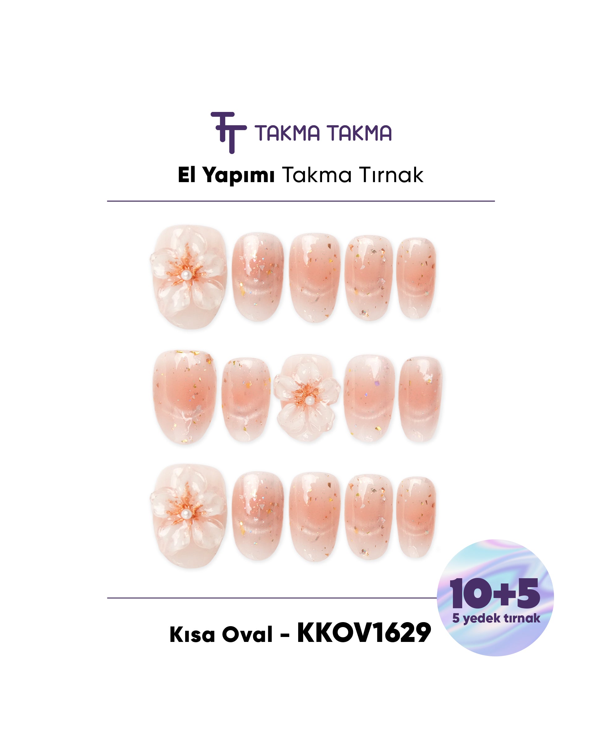 KKOV1629 Pembe Kısa Oval 15'li Tekrar Kullanılabilir El Yapımı Protez Takma Tırnak Takma Takma
