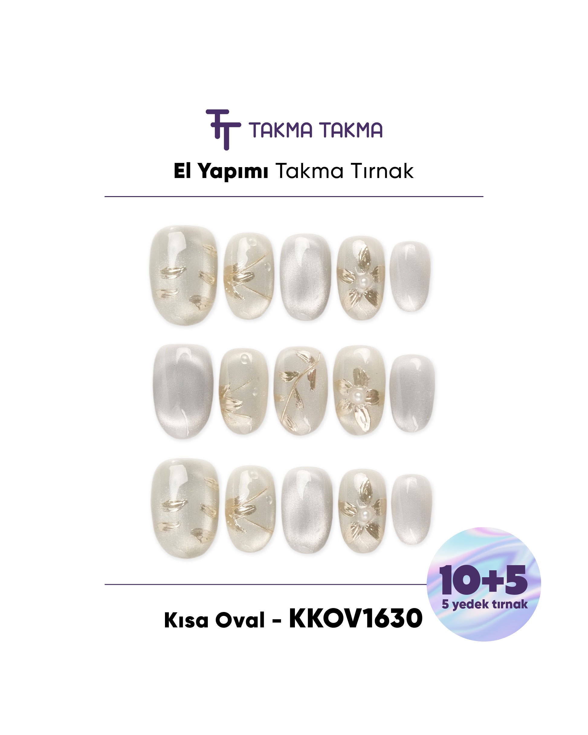KKOV1630 Gümüş Kısa Oval 15'li Tekrar Kullanılabilir El Yapımı Protez Takma Tırnak Takma Takma