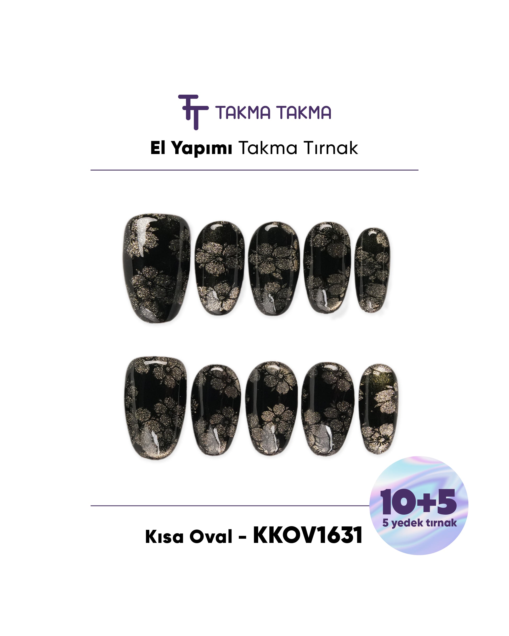 KKOV1631 Siyah Kısa Oval 15'li Tekrar Kullanılabilir El Yapımı Protez Takma Tırnak