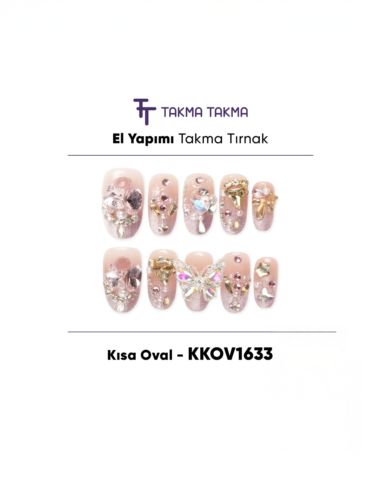 KKOV1633 Renkli Kısa Oval 10'lu Tekrar Kullanılabilir El Yapımı Protez Takma Tırnak Takma Takma