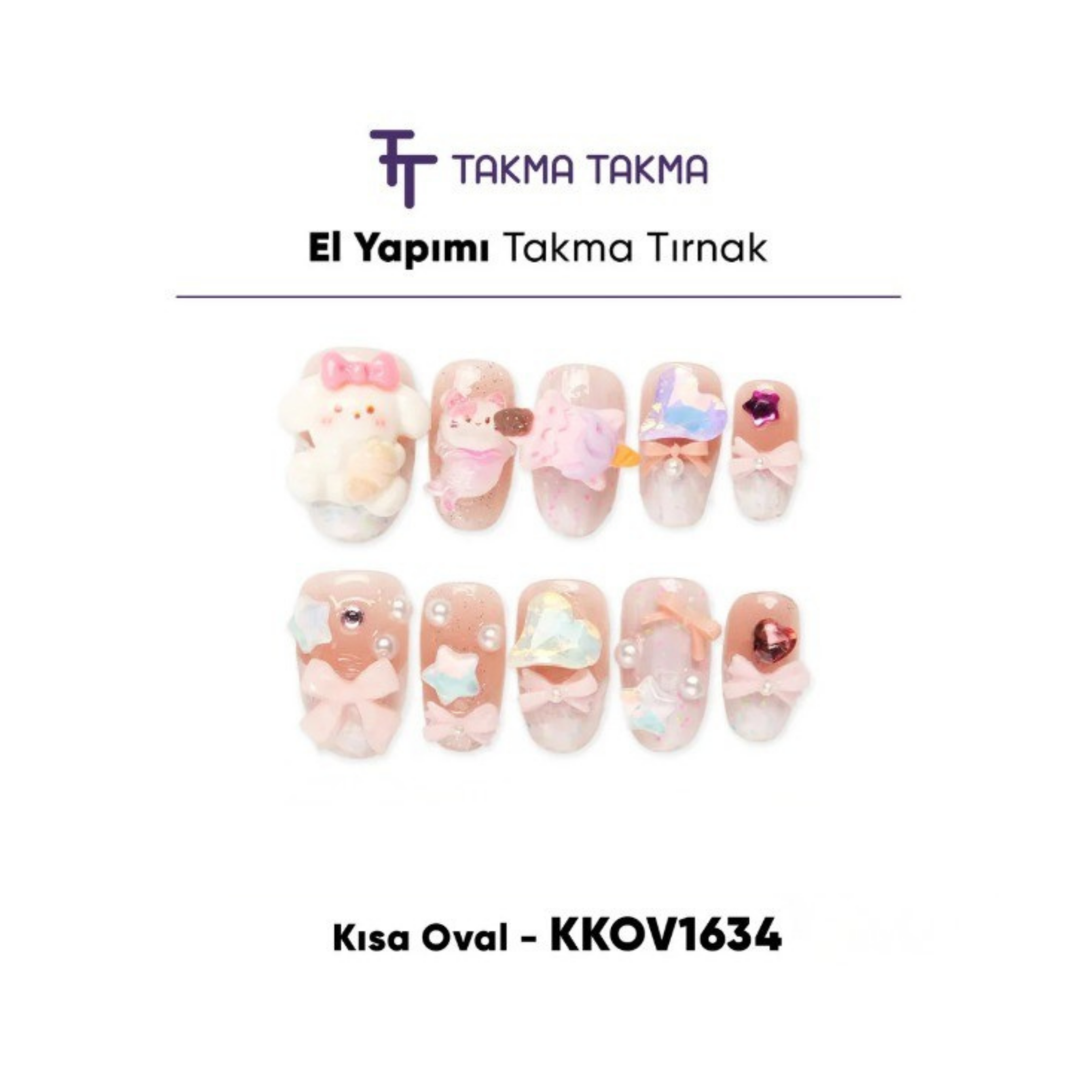 KKOV1634 Renkli Kısa Oval 10'lu Tekrar Kullanılabilir El Yapımı Protez Takma Tırnak
