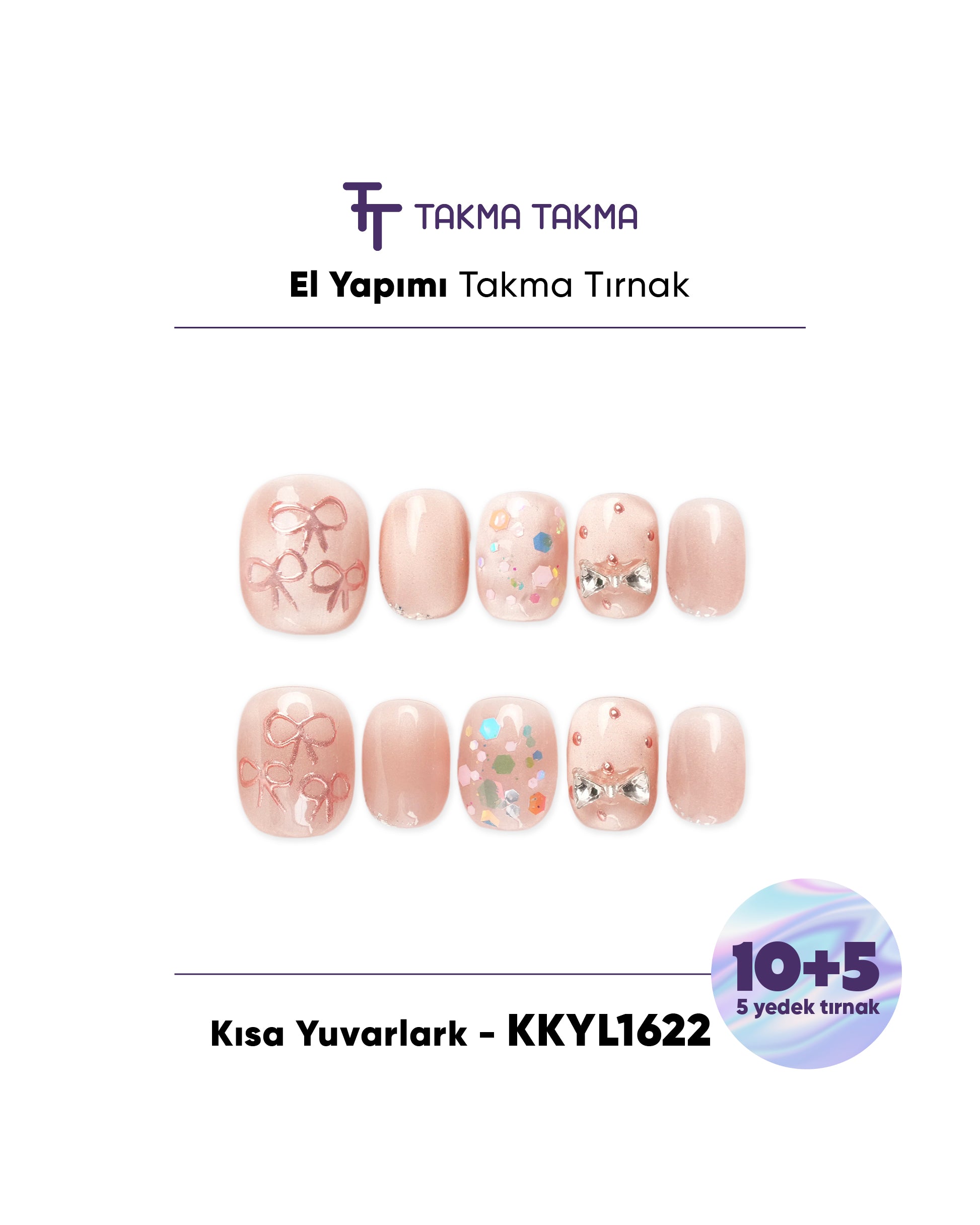 KKYL1622 Kısa Yuvarlak 15'li Tekrar Kullanılabilir El Yapımı Protez Takma Tırnak Takma Takma