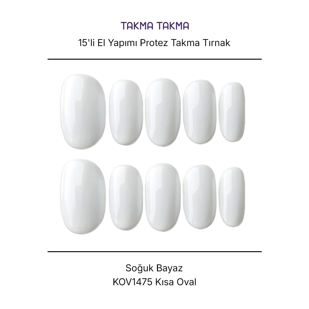 15'li Beyaz Kısa Oval KOV1475 Tekrar Kullanılabilir El Yapımı Protez Takma Tırnak Takma Takma