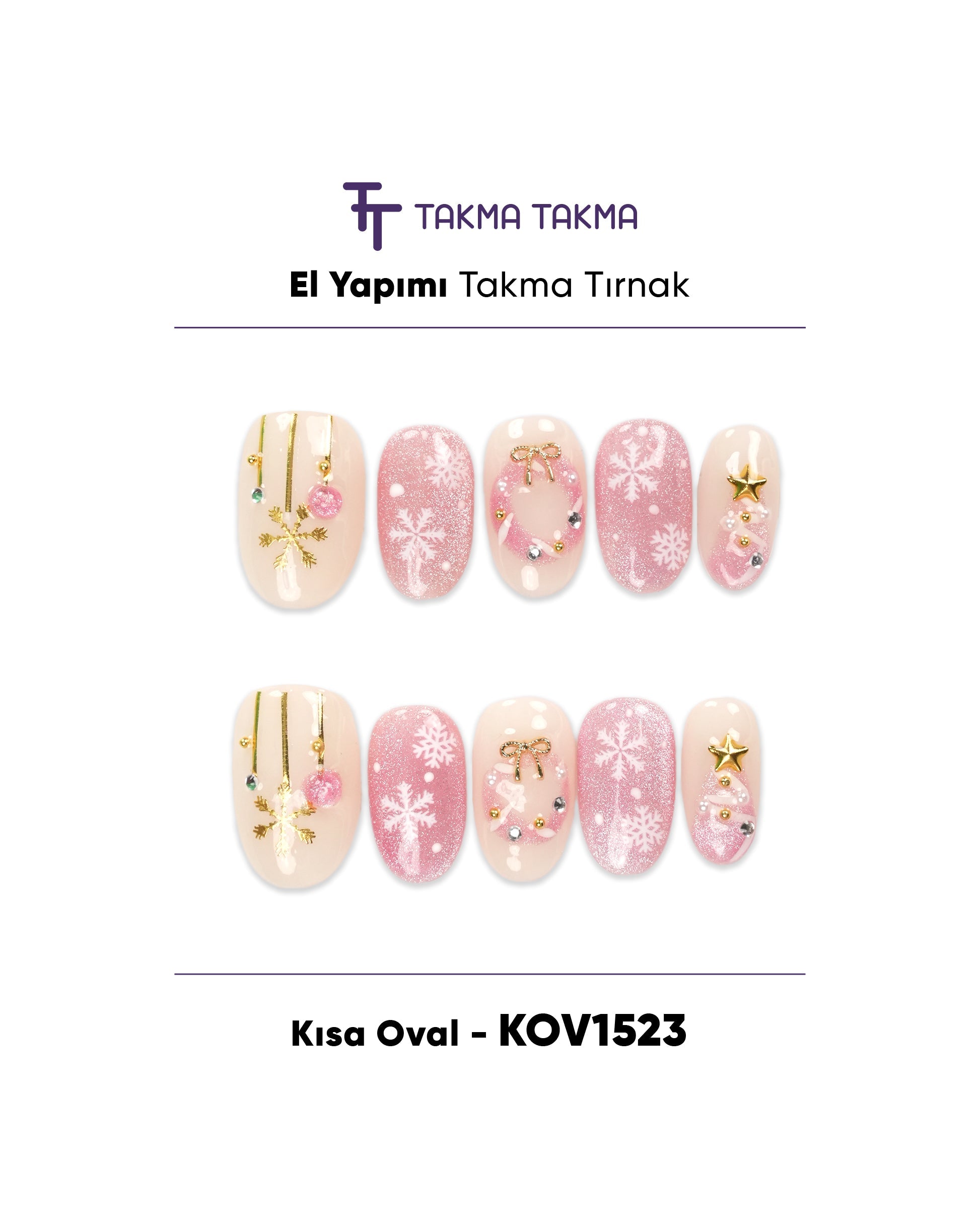 10'lu Pembe Kısa Oval KOV1523 Tekrar Kullanılabilir El Yapımı Protez Takma Tırnak Takma Takma