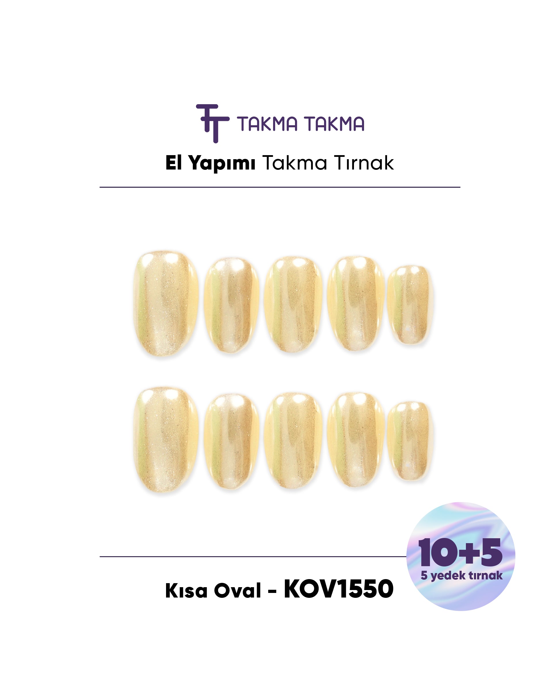 15'li Sarı Kısa Oval KOV1550 Tekrar Kullanılabilir El Yapımı Protez Takma Tırnak Takma Takma
