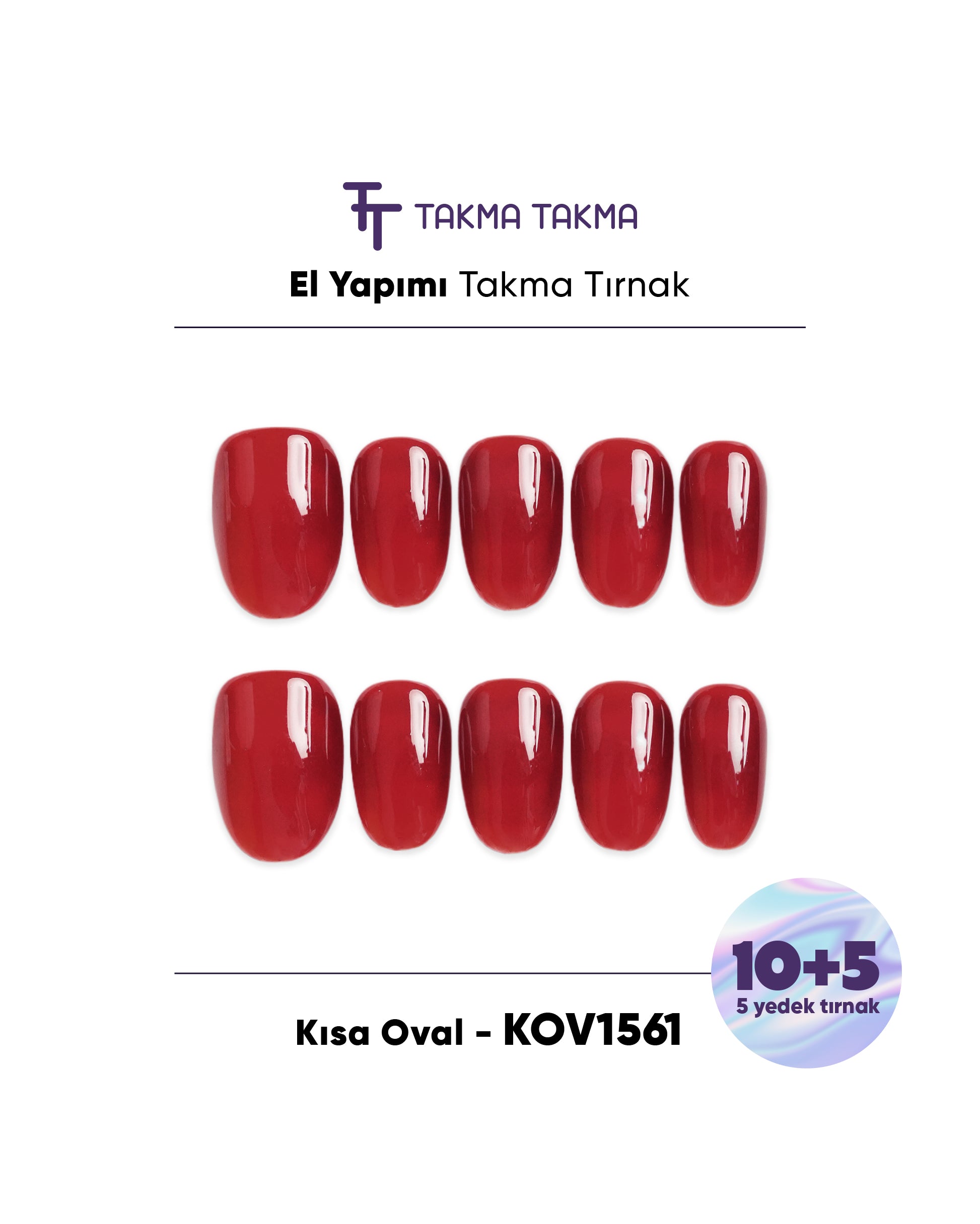 15'li Kırmızı Kısa Oval KOV1561 Tekrar Kullanılabilir El Yapımı Protez Takma Tırnak Takma Takma