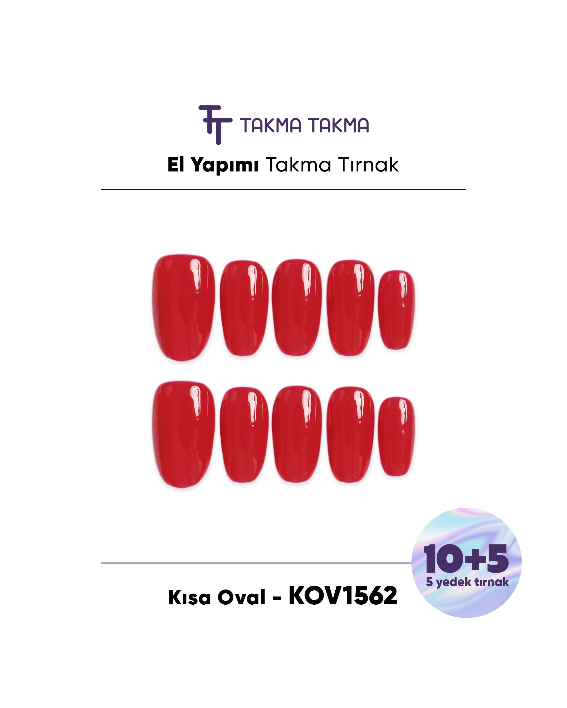 15'li Kırmızı Kısa Oval KOV1562 Tekrar Kullanılabilir El Yapımı Protez Takma Tırnak