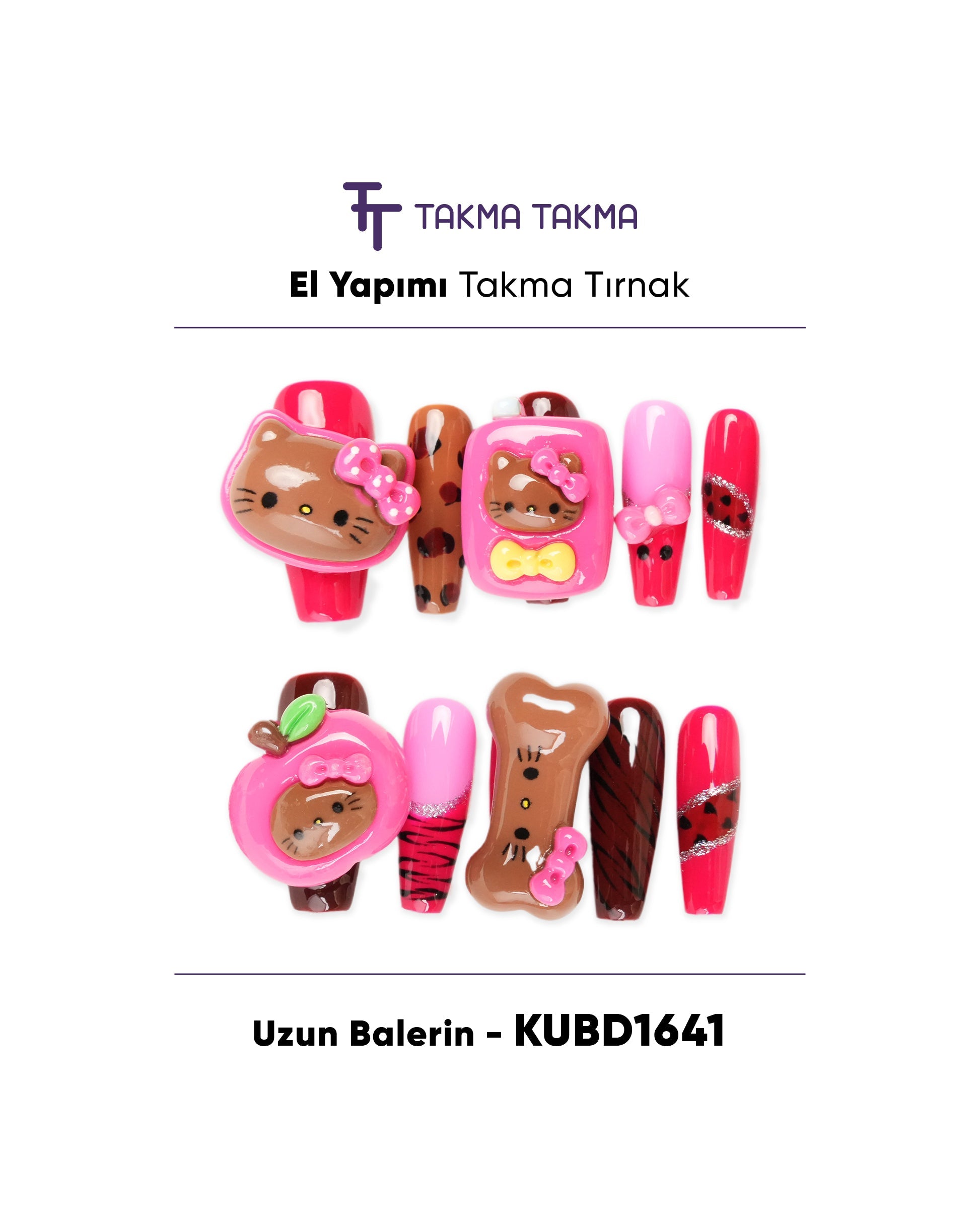 10'lu Uzun Balerin Renkli KUBD1641 Tekrar Kullanılabilir El Yapımı Protez Takma Tırnak Takma Takma