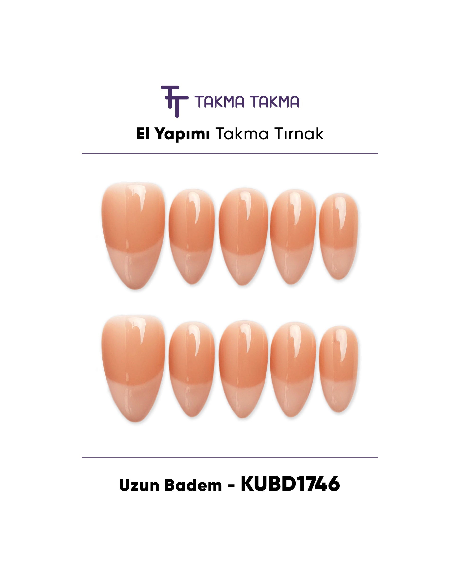 10'lu KUBD1746 Uzun Badem Tekrar Kullanılabilir El Yapımı Protez Takma Tırnak Takma Takma