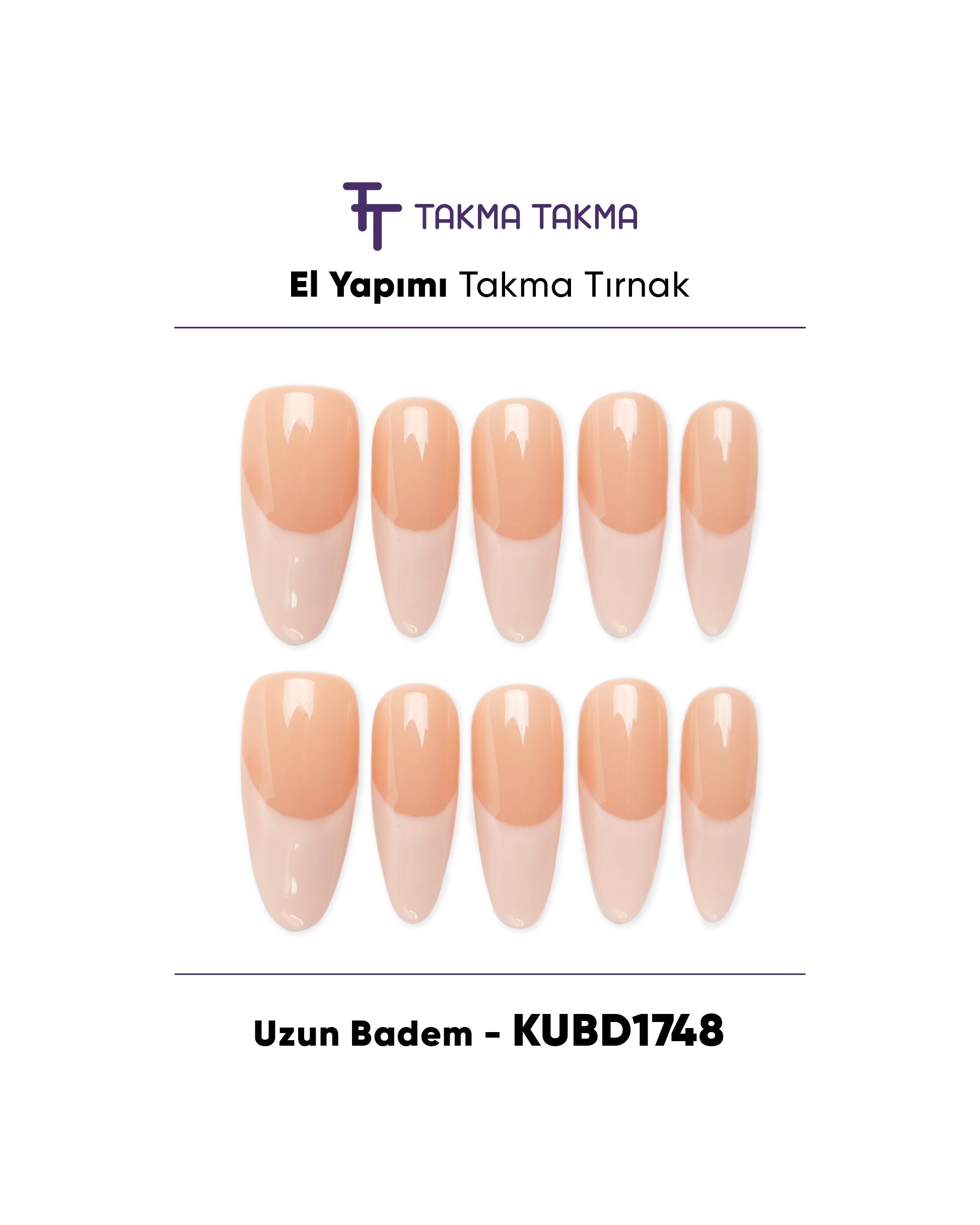 10'lu KUBD1748 Uzun Badem Tekrar Kullanılabilir El Yapımı Protez Takma Tırnak Takma Takma