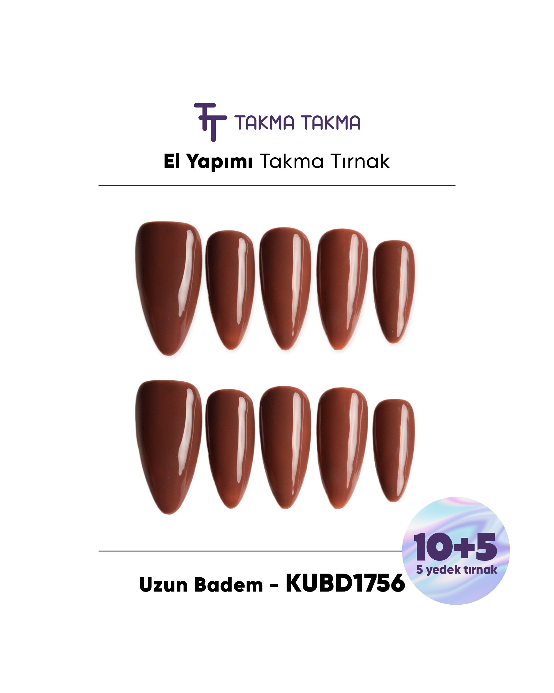 KUBD1756 Uzun Badem 15'li Tekrar Kullanılabilir El Yapımı Protez Takma Tırnak