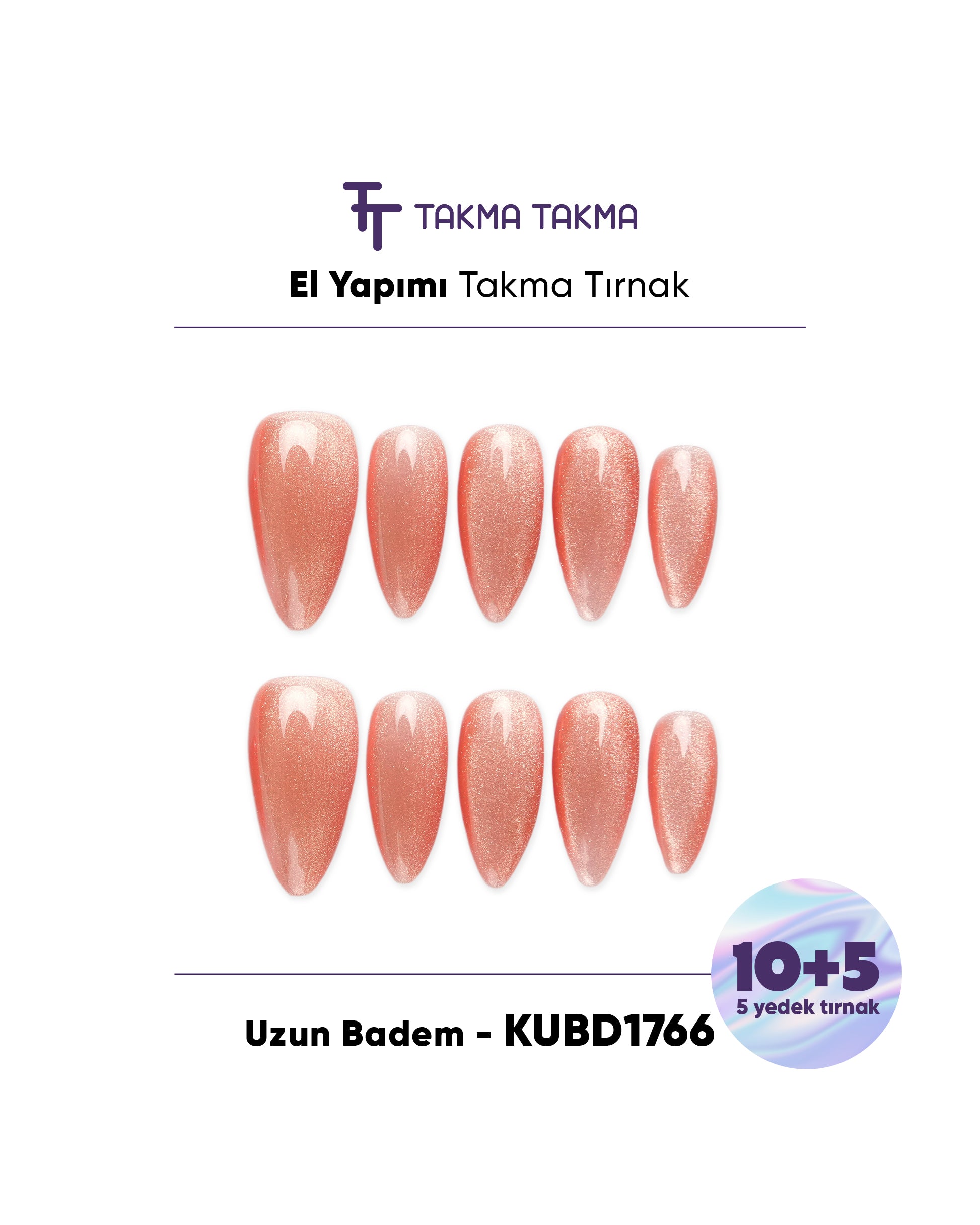 KUBD1766 Uzun Badem 15'li Tekrar Kullanılabilir El Yapımı Protez Takma Tırnak