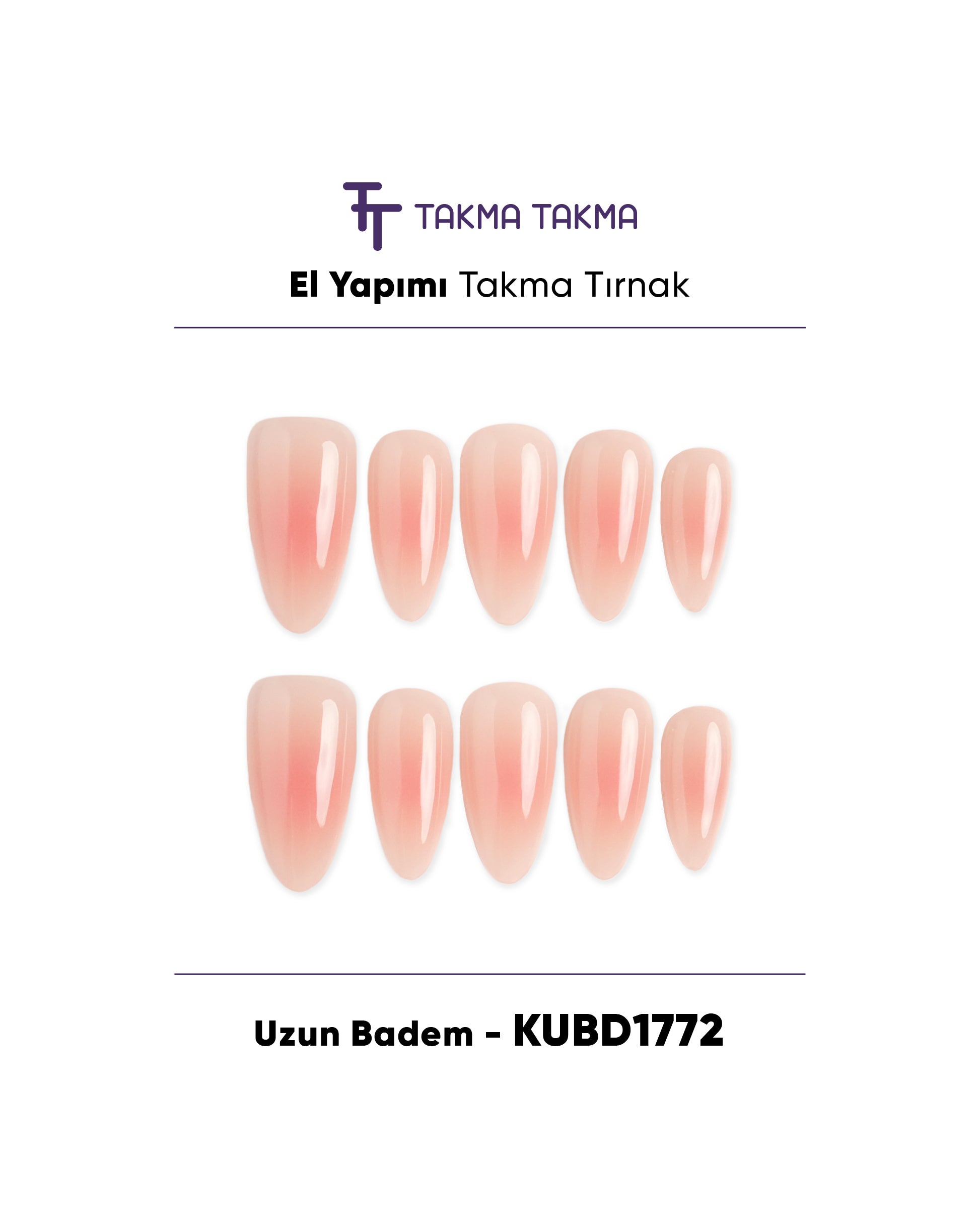 KUBD1772 Uzun Badem 10'lu Tekrar Kullanılabilir El Yapımı Protez Takma Tırnak Takma Takma