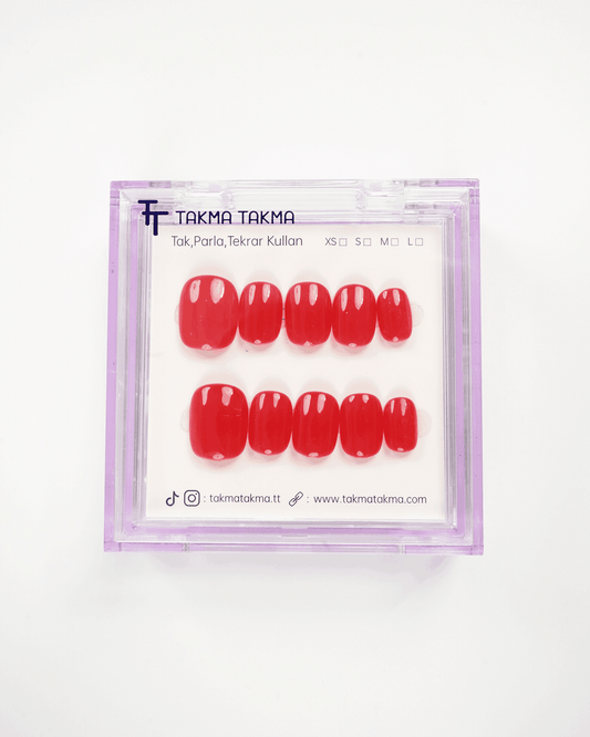 15'li Kırmızı Kısa Yuvarlak KYL1518 Tekrar Kullanılabilir El Yapımı Protez Takma Tırnak