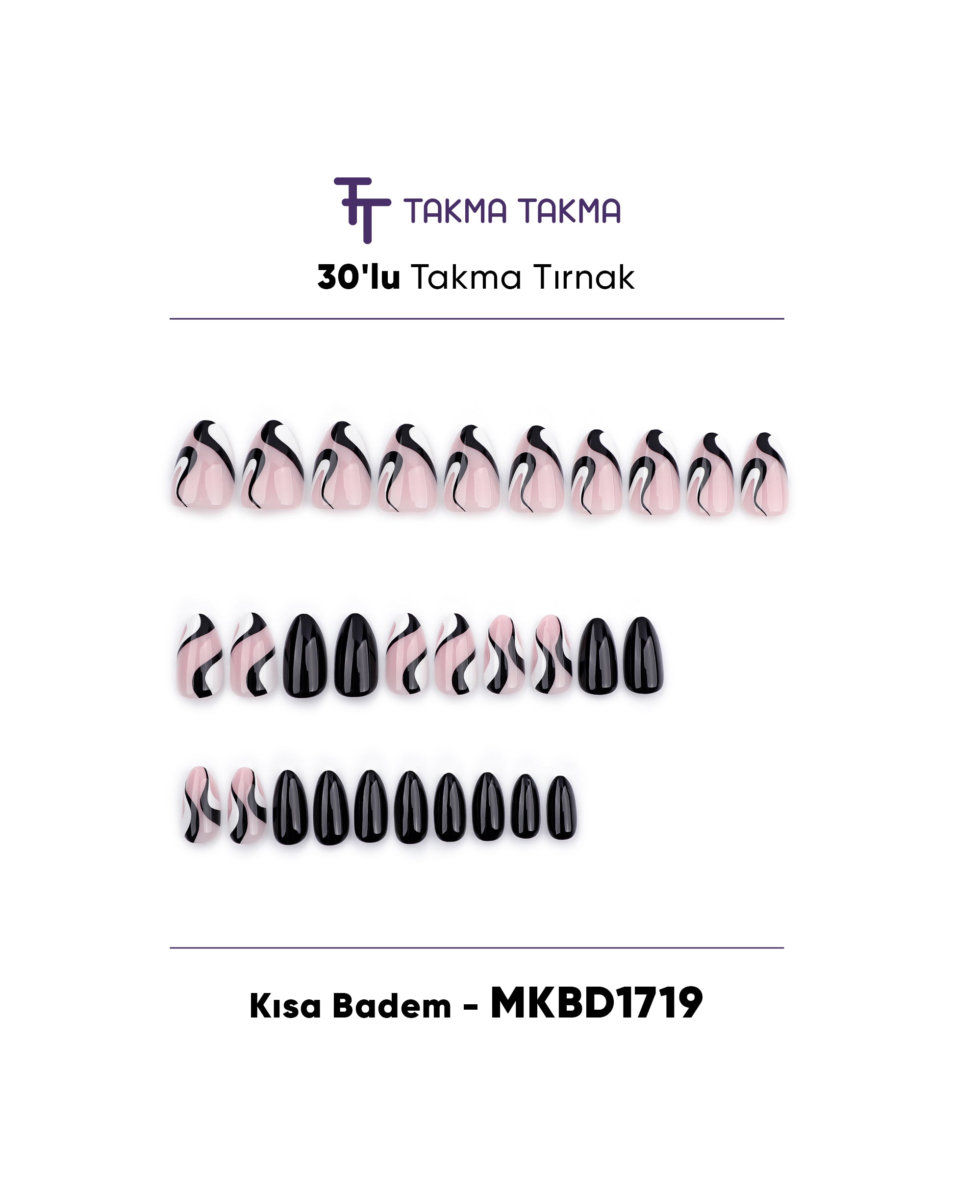 MKBD1719 Kısa Badem Standart Beden 30'lu Tekrar Kullanılabilir Protez Takma Tırnak Takma Takma